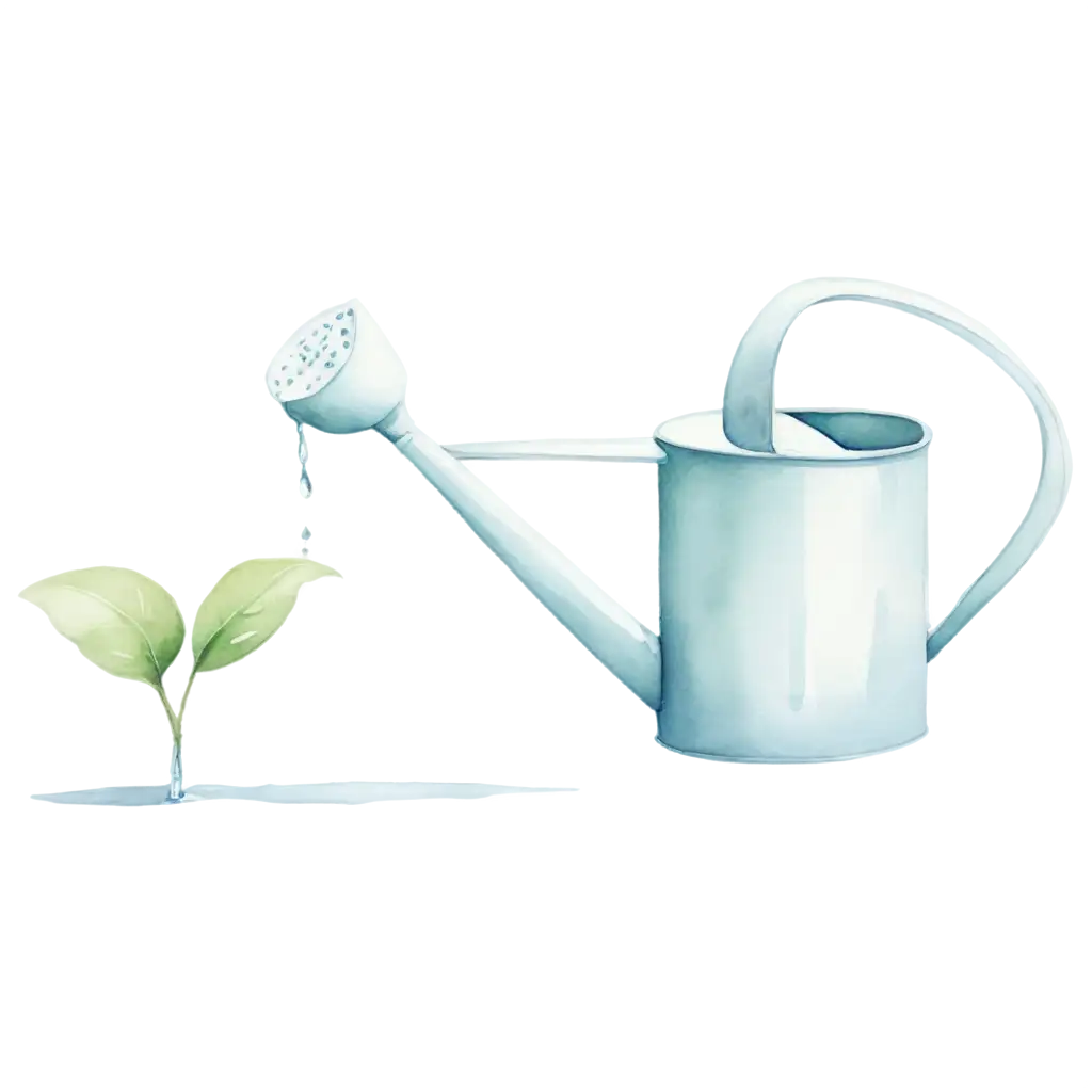 Watercolor-PNG-Illustration-of-Pale-Blue-Watering-Can-and-Green-Plant-Botanical-Gardening-Art