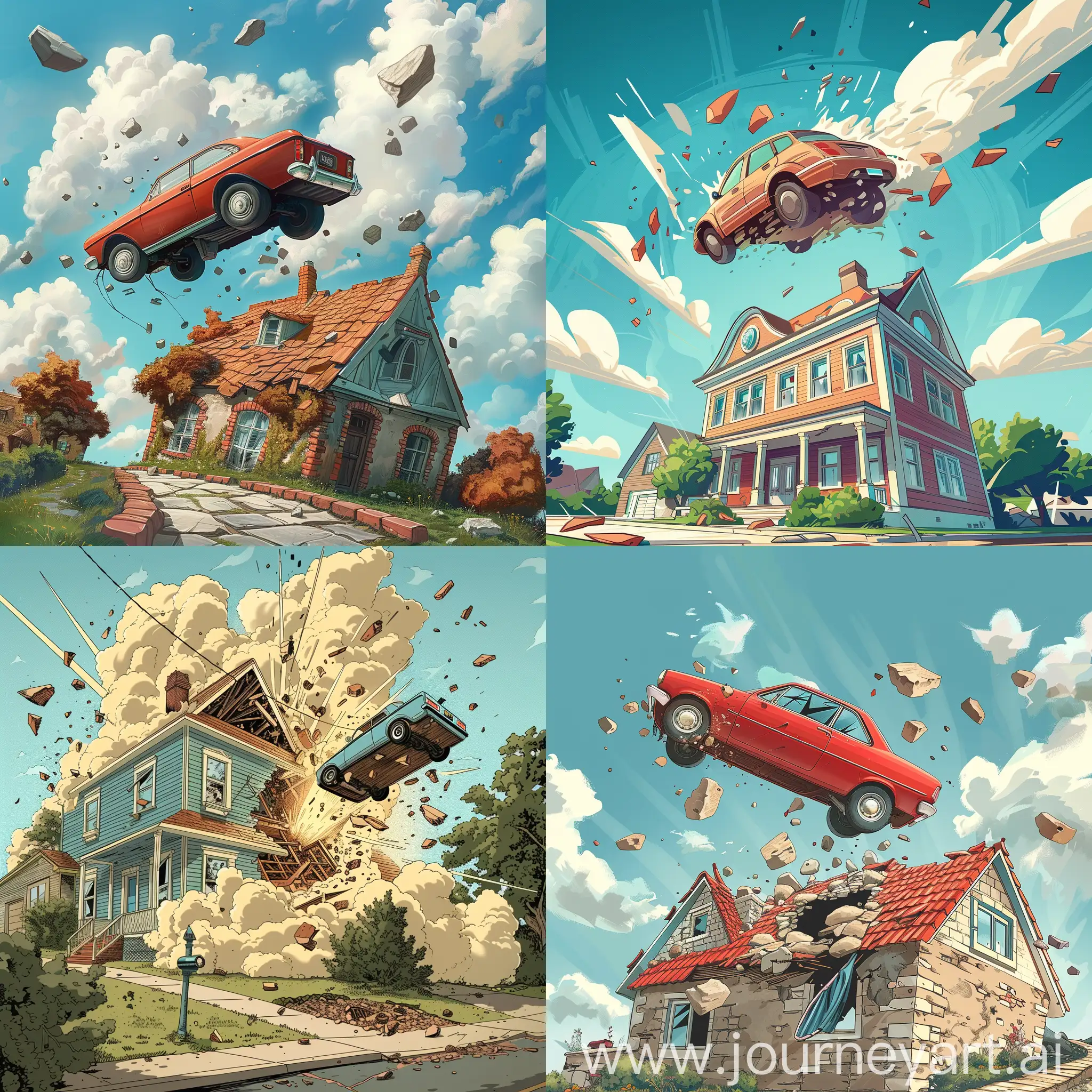 Cartoon-Car-Flying-and-Crashing-into-House