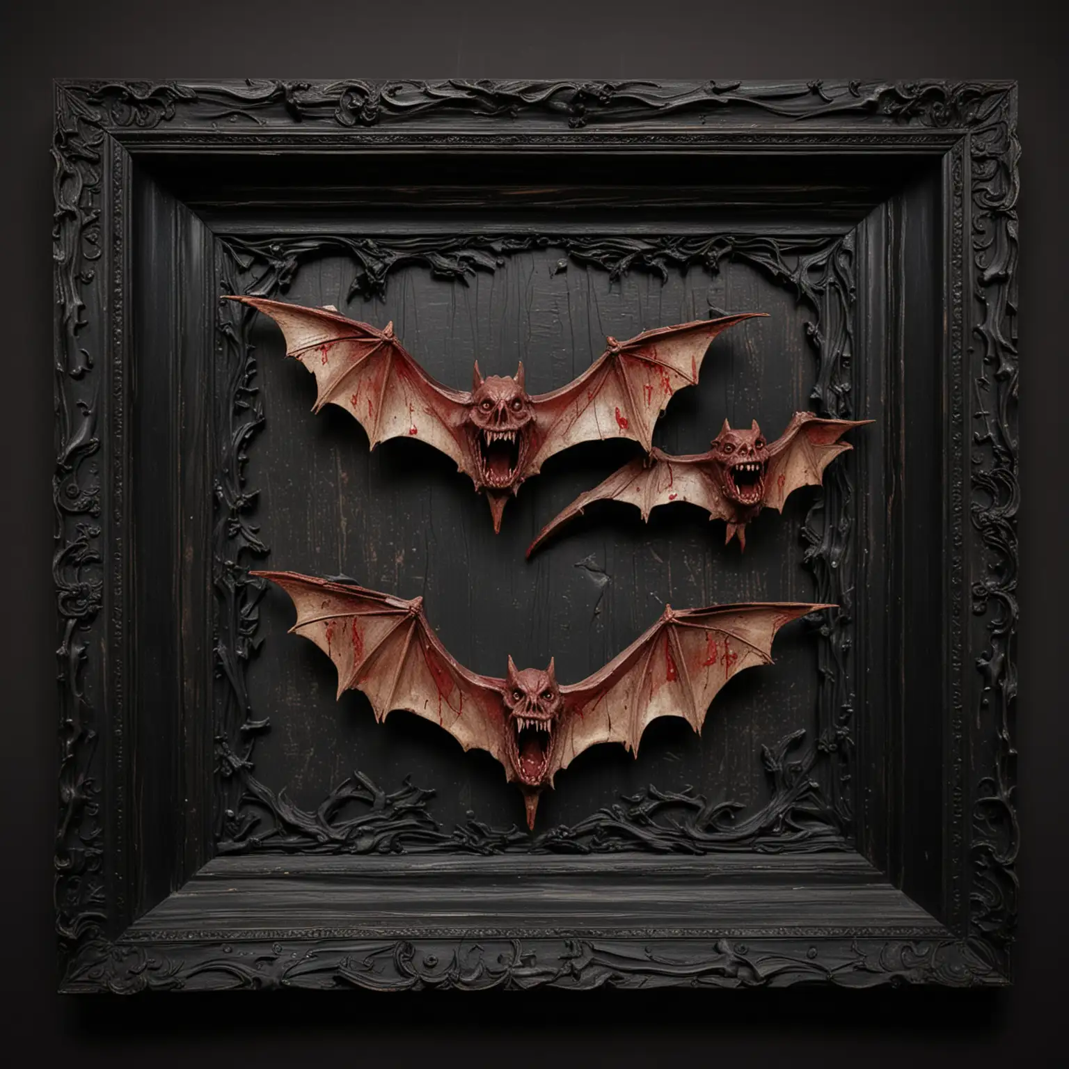 Carved-Wooden-Vampire-Bats-with-BloodMarked-Teeth-in-Black-Frame