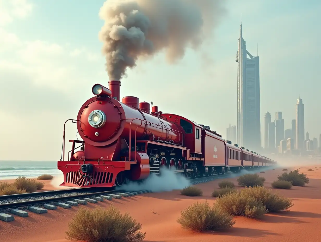 Create a high-resolution realistic image in 4k resolution: a futuristic red locomotive with silver on tracks, billowing smoke, rising in the desert with bushes on both sides, a sea with futuristic tall buildings and a cloudy sky