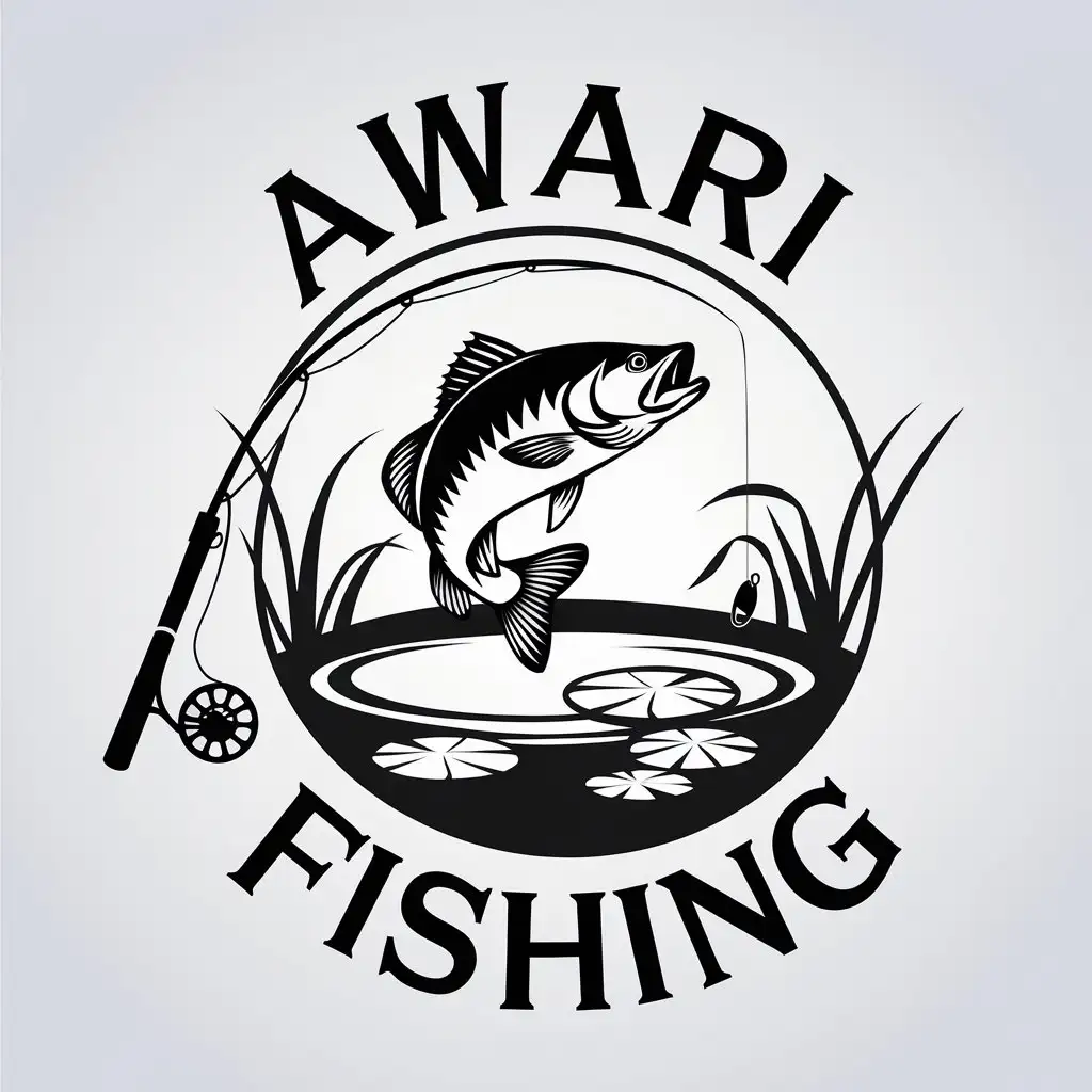 a vector logo design,with the text "Awari fishing", main symbol:Fishing, pond, fishing rod,Moderate,be used in fishing industry,clear background