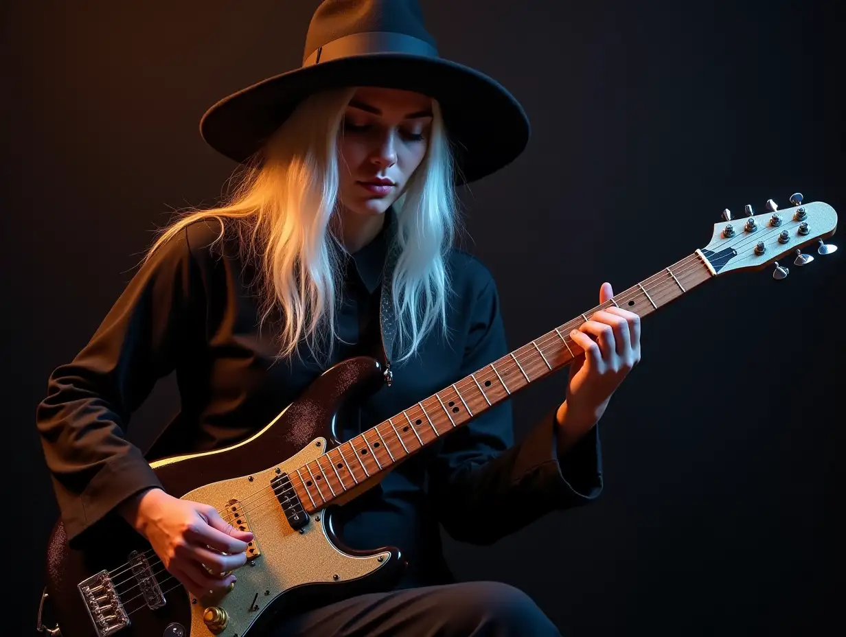 witch with glaze plays electric guitar portrait