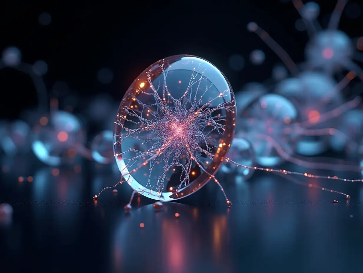 Schematic 3D image of neural networks and their interactions, style: photorealistic 3D rendering, material: artificial diamond and Bohemian glass with transparent and iridescent effects, surface texture: smooth, polished with barely noticeable reflections and refraction effects, lighting: Studio HDRI type, intensity: high, direction: tilted upper left key light and ambient fill, accent colors: blue, orange, purple, reflections: true, refractions: true, dispersion effects: true, blooming: true, color scheme: transparent with iridescent blue, green and purple hues., secondary: crystal clear with subtle color transitions, highlights: soft, shining accents reflecting rainbow effects, rim_light: soft reflective light around the edges., background: { color: black, vignette: true, texture: none } , post-processing: chromatic aberration: true, glow: true, high contrast: true, sharp details: That's right
