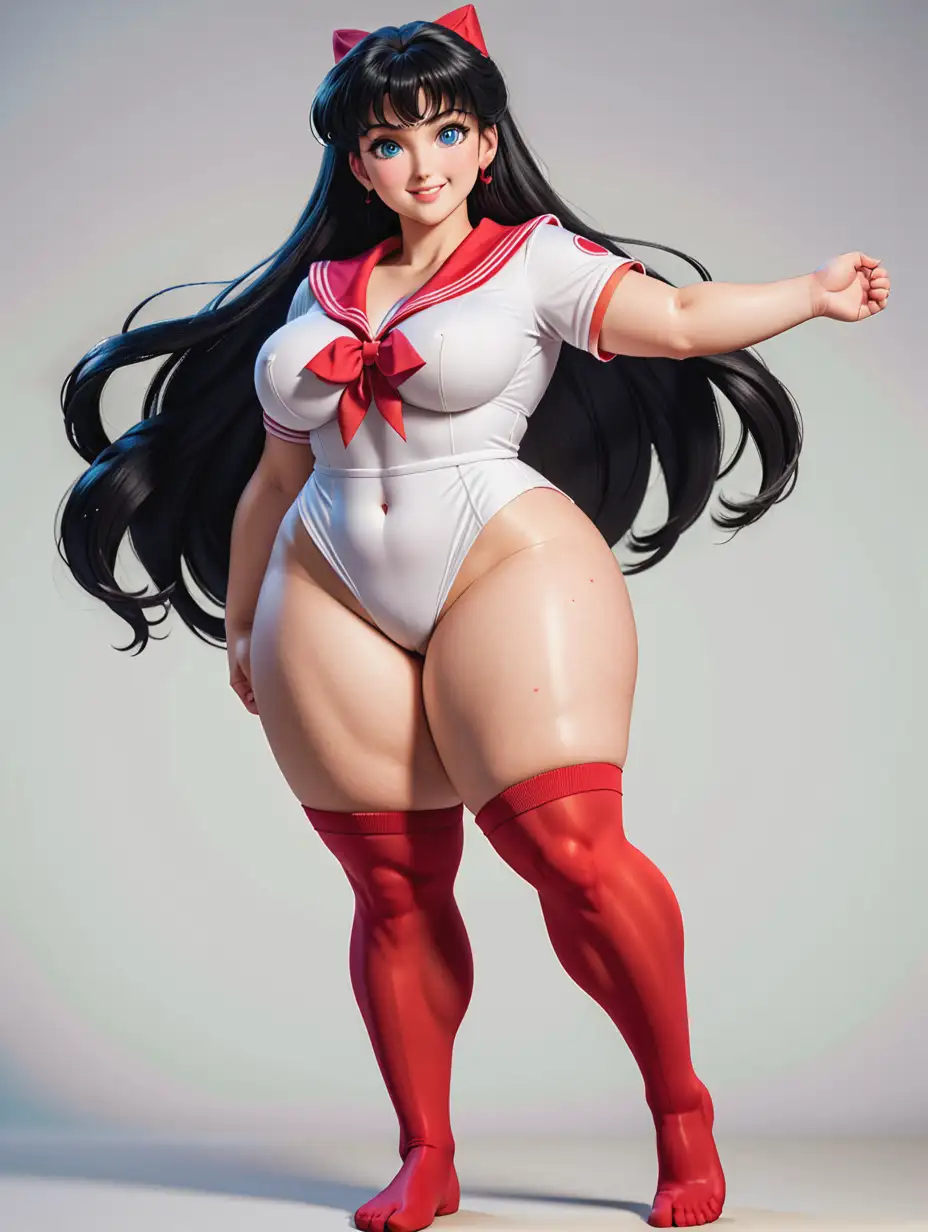 thicc plus size horny Sailor Mars with huge thighs, thighs are fat and wide, blue eyes, 
black hair, freckles, cellulite, detailed and clear texture of the skin on the body, natural and realistic detailing of skin texture, full-length view, feet are placed to the side, back view, smiling and looking at viewer, high quality