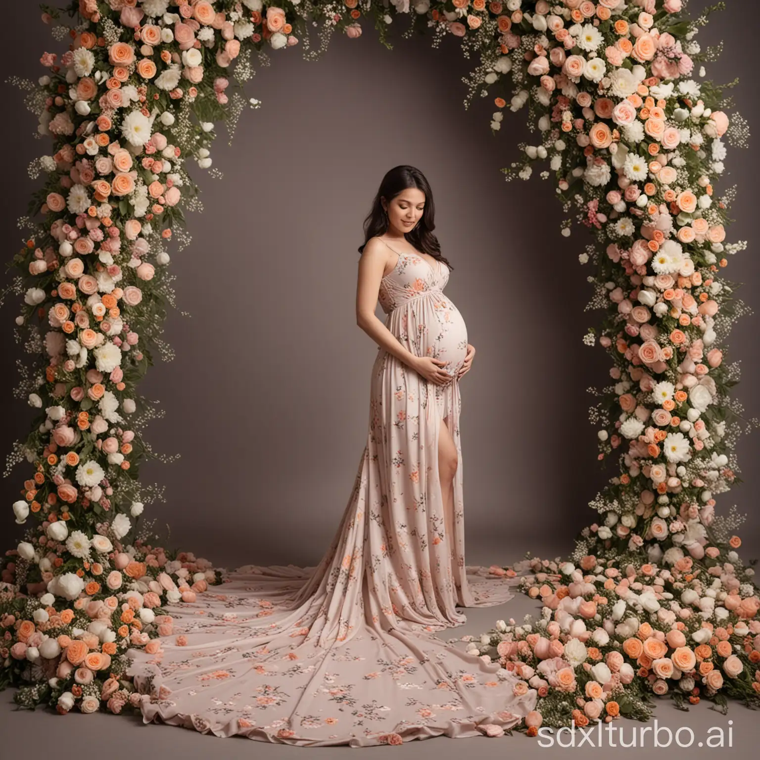 maternity lady wearing long tail gown made with flowers at eleg studio with flowers backdrop