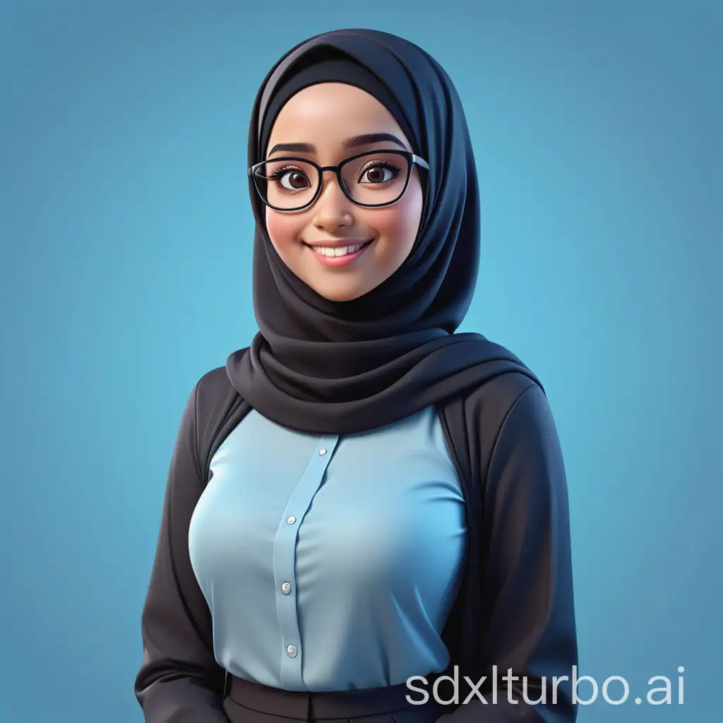 Create a realistic cartoon style 3D Character with a big head. A 25 year old Indonesian woman wearing a black hijab, Tall and slim body, round face shape, thin eyebrows, black eyes, wearing glasses, smiling thinly. Wearing a light blue shirt. Blue gradient background. UHD 64k