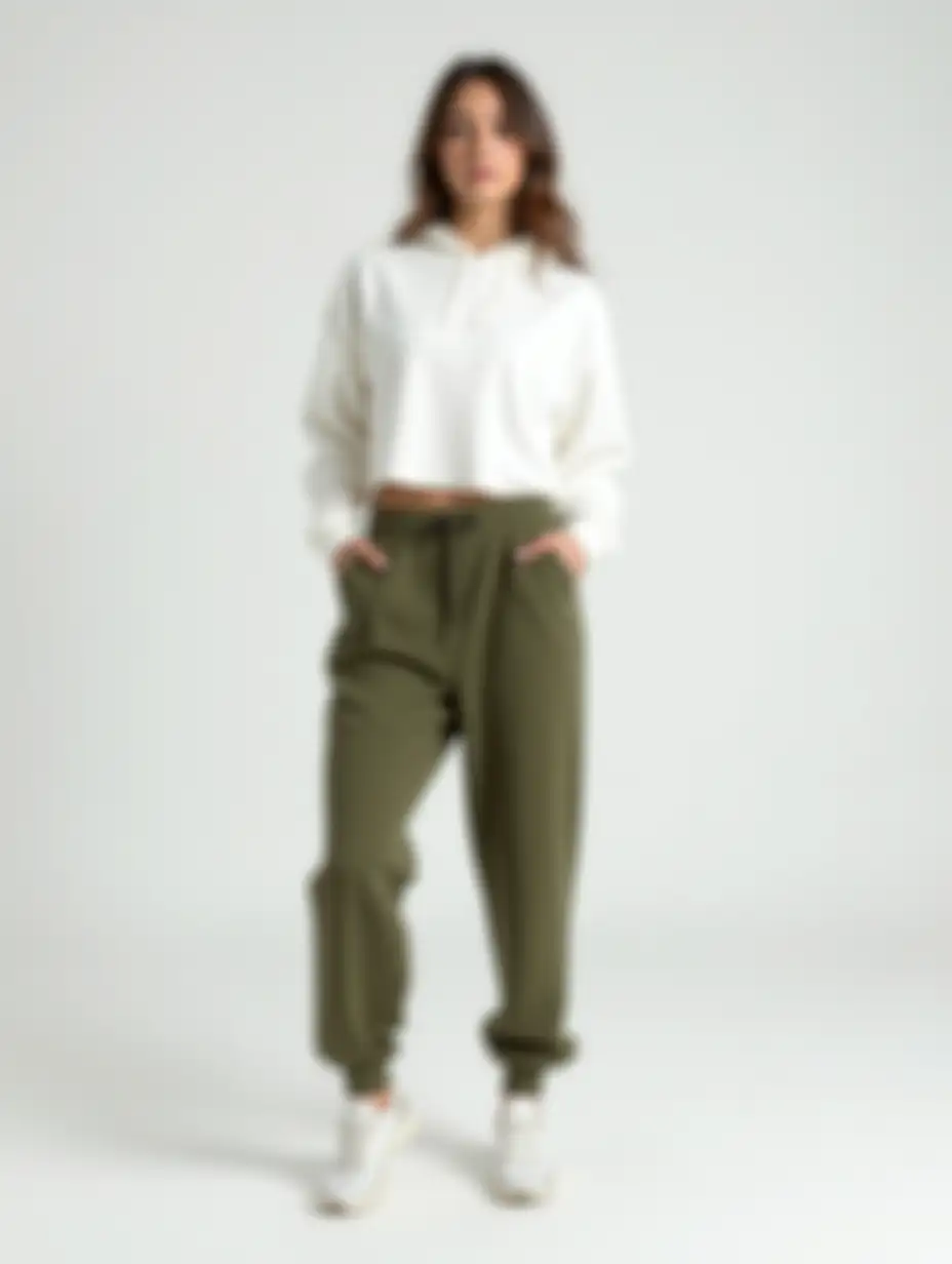 A hyperrealistic full-body studio photograph of a fit and confident female model representing a sportswear brand, wearing olive green joggers that are loose from the waist to the knees and a plain white hoodie with a hood, cropped to reach her waist. The outfit includes visible white athletic sneakers. The model is standing in a relaxed and open stance, with her arms slightly extended to the sides and her palms facing upward, posing confidently and directly facing the camera. She is a brunette with neatly styled brown hair, showcasing a perfectly toned fitness body with round, firm glutes, well-formed legs, and well-defined muscles. She projects confidence and security, making the viewer feel that their needs will be met by purchasing the outfit she is modeling. The setting is a brightly lit photographic studio, and the photo is captured using a Fujifilm GFX 100S camera, ensuring maximum realism and detail.