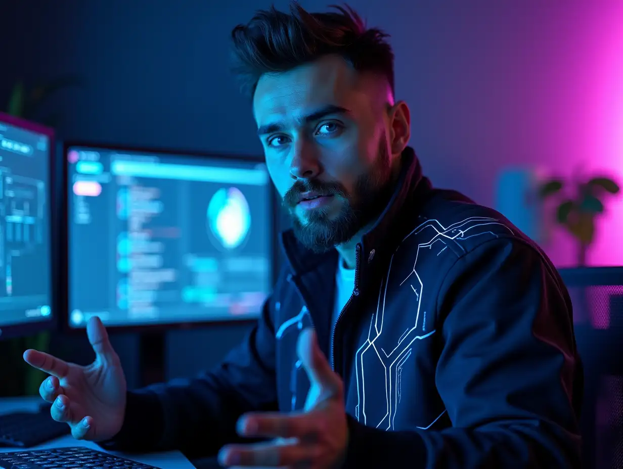 Depict a young man with sharp blue eyes, spiky dark hair, and a well-groomed beard, sitting upright and confidently engaging with the audience. He is wearing a futuristic jacket featuring glowing blue circuit-like designs. His posture is straight and natural, conveying a professional and approachable demeanor. Behind him, a modern computer setup with multiple glowing monitors enhances the scene's depth and sophistication. His hands are mid-gesture, emphasizing his points as he speaks. The background blends dark tones with vivid neon blue and purple lighting, creating a sleek, cutting-edge, and professional atmosphere