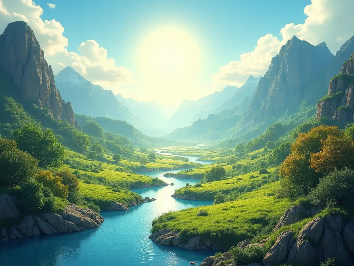 An artistic visualization of Genesis 1:9-13, portraying the formation of land and vegetation. The image showcases a vibrant scene where waters recede, revealing lush, fertile land. Majestic mountains and gentle hills rise in the background, while the foreground bursts with life—trees, grass, and plants of every kind flourishing under a radiant sky. Streams of water wind gracefully through the landscape, symbolizing sustenance. The atmosphere is serene and abundant, reflecting God’s provision and preparation for life. A subtle divine glow illuminates the scene, highlighting the order and beauty of creation.