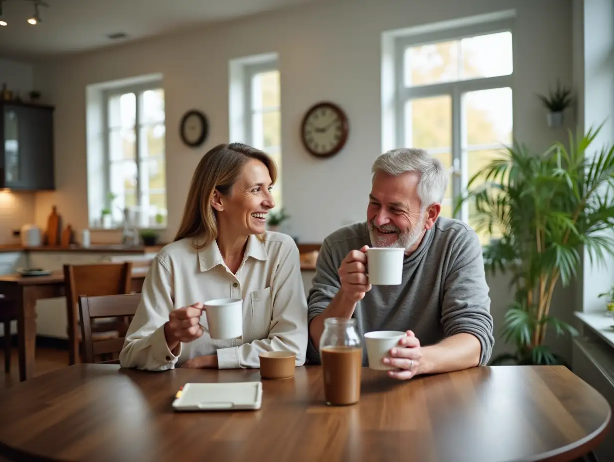 Family life of a senior couple at home drinking coffee