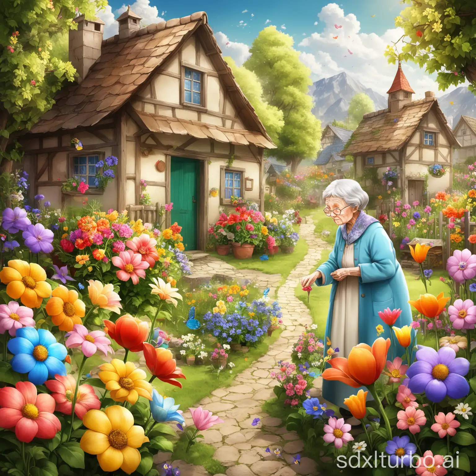 In a quiet small village, there lives a kind old grandmother. The old grandmother has a magical garden, the garden is full of colorful flowers, blooming all year round,