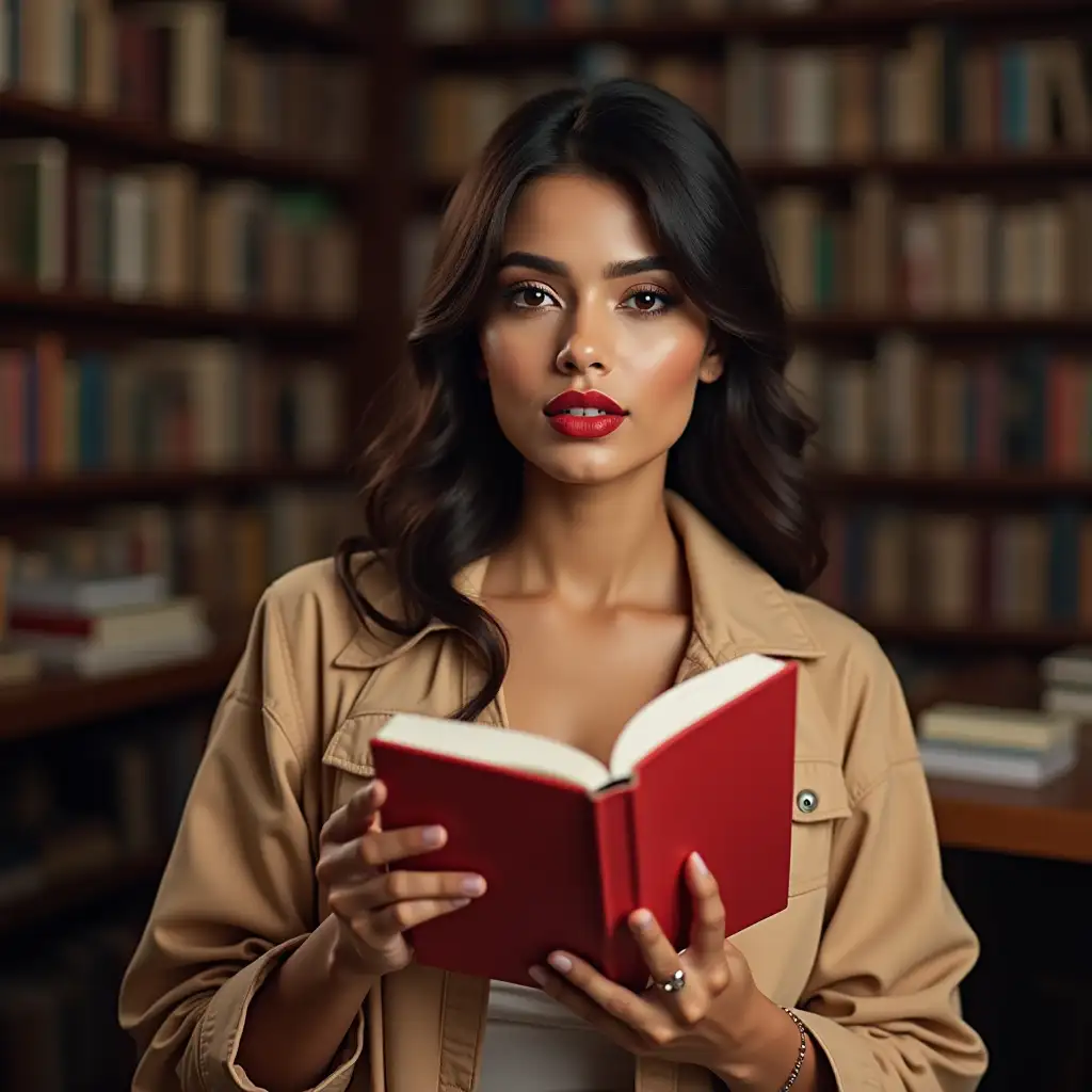 Modern-Indian-Model-Applying-Lipstick-in-a-Library