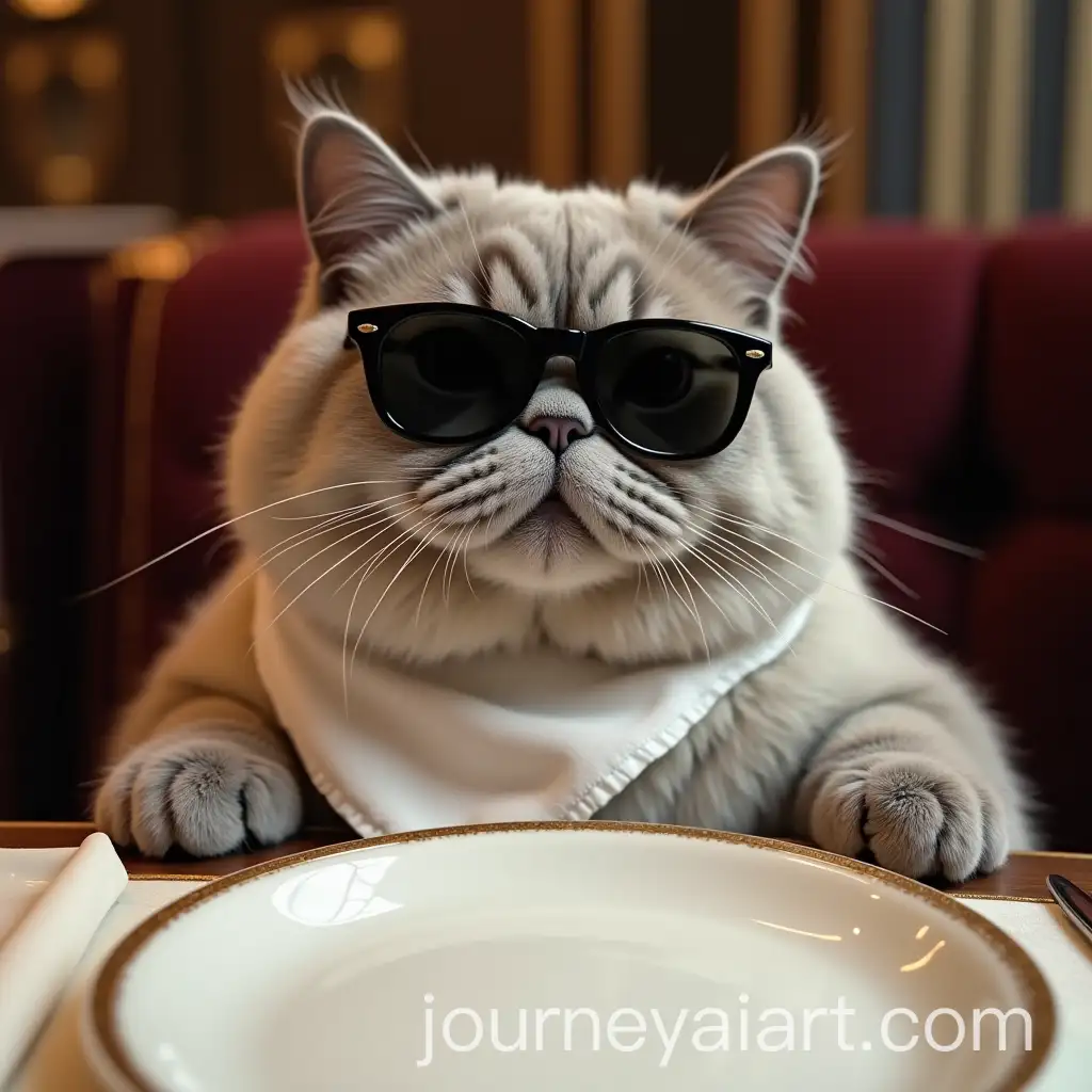 Cute-Silver-Shaded-Cat-Wearing-Sunglasses-at-Fine-Dining-Table