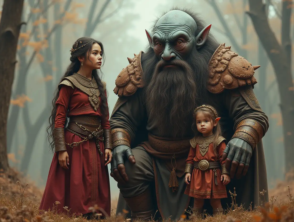 Ki-Fantasy family,Man,Woman, and Children, giant alien face with beard and with wooden armor equipment