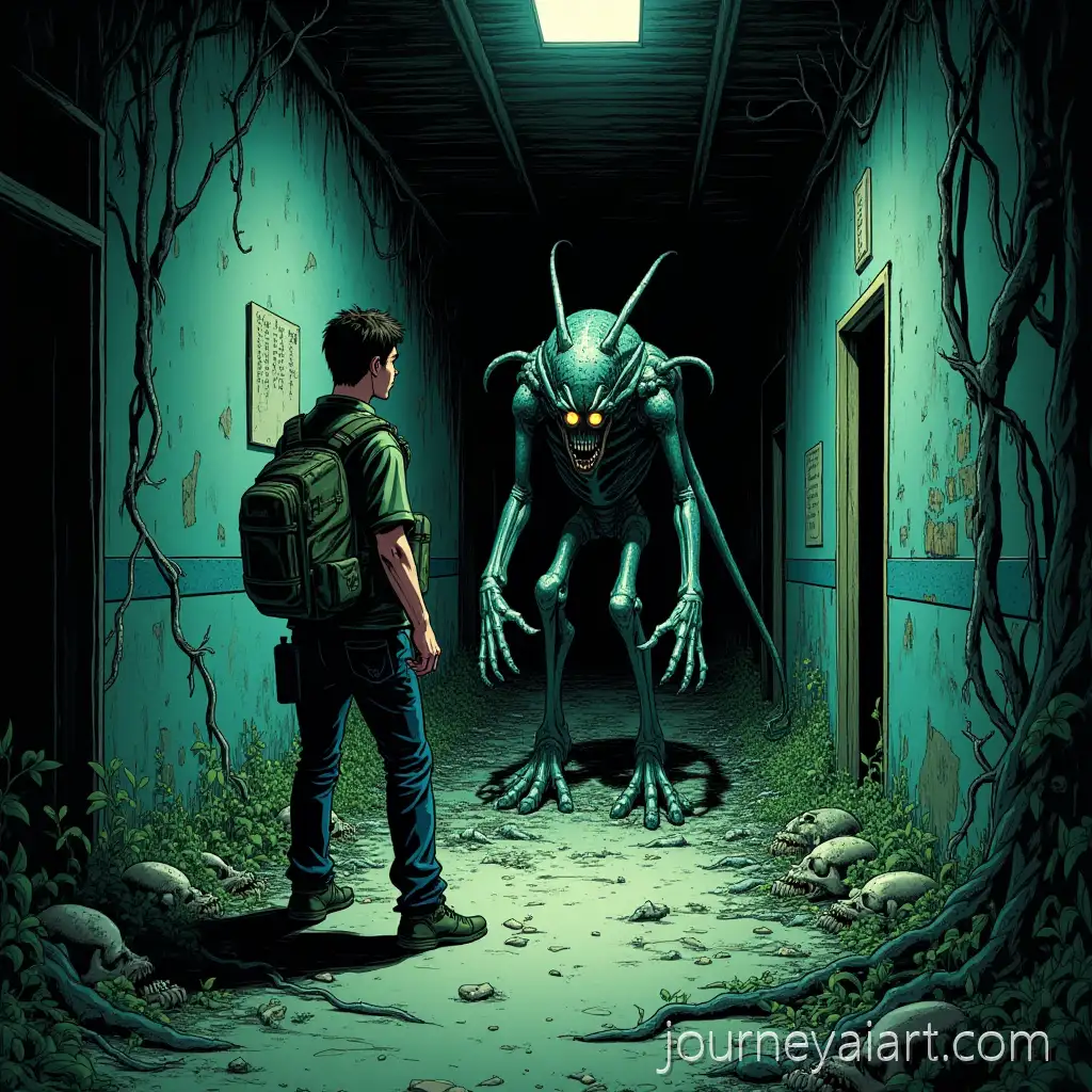 Horror-Manga-Scene-of-Investigator-Facing-Grotesque-Creature-in-Abandoned-Hospital-CorridorAI-Image-Prompt-Expansion
