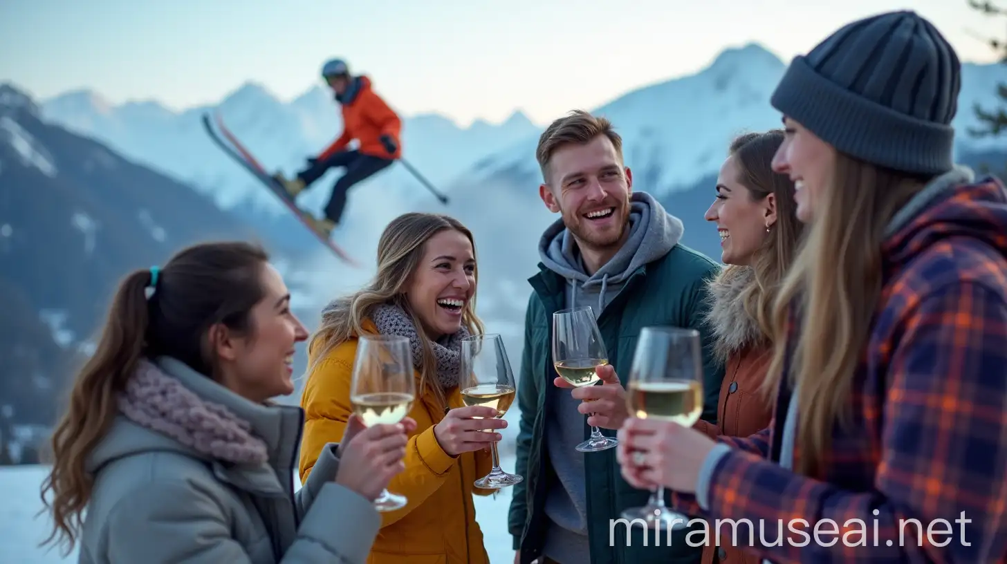 Joyful Gathering of Young Adults Enjoying White Wine in Snowy Mountain Landscape