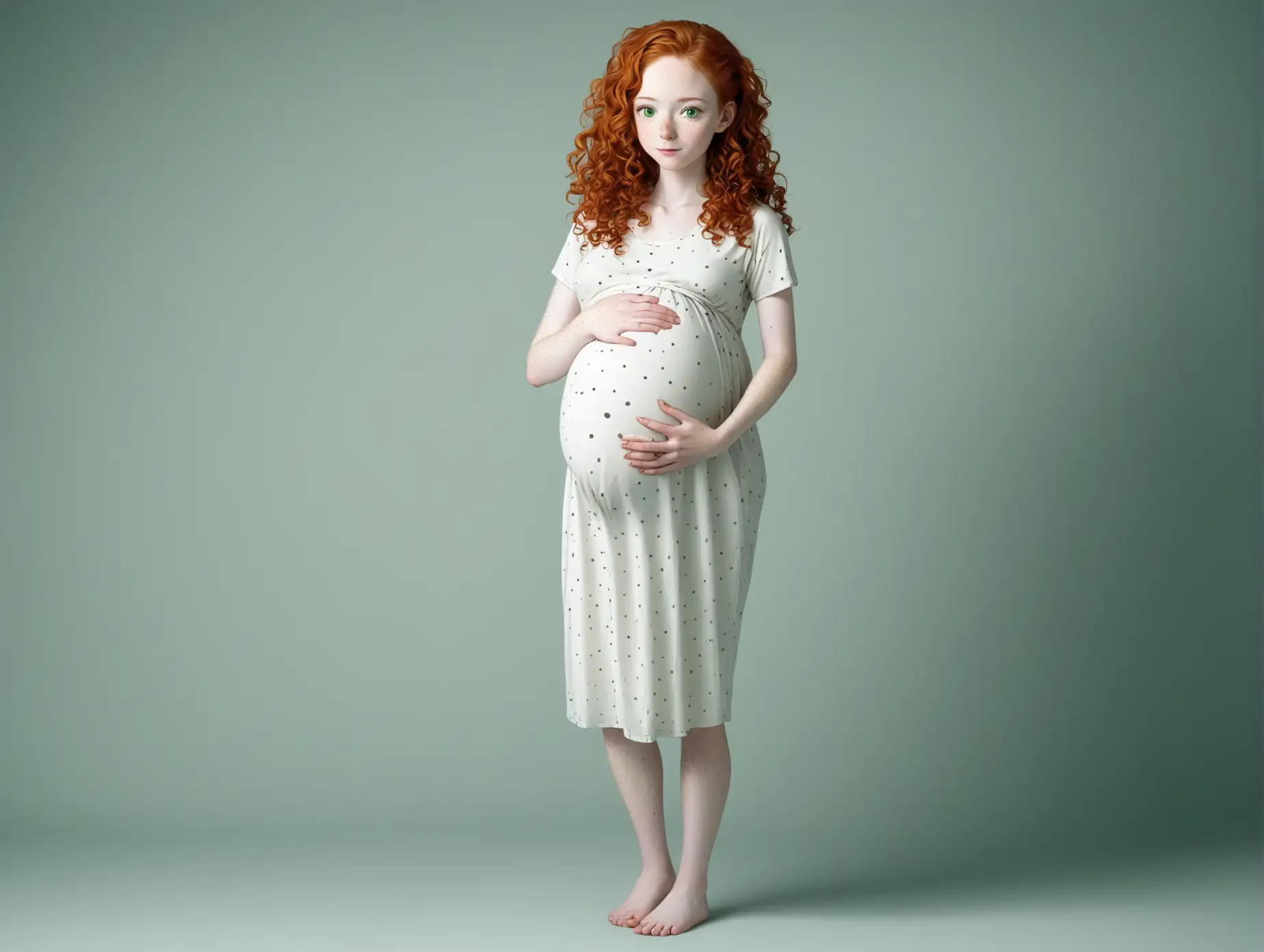 one woman, pregnant, 18 years old, pale white skin, freckles, natural ginger hair, medium curly hair, green eyes, full body shot