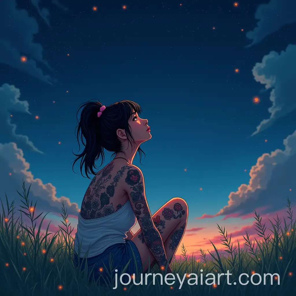 Asian-Girl-with-Tattoos-Sitting-in-Night-Grass-under-Starry-Sky