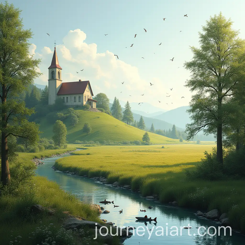 Tranquil-Natural-Landscape-with-Church-Stream-and-Flocks-of-Birds