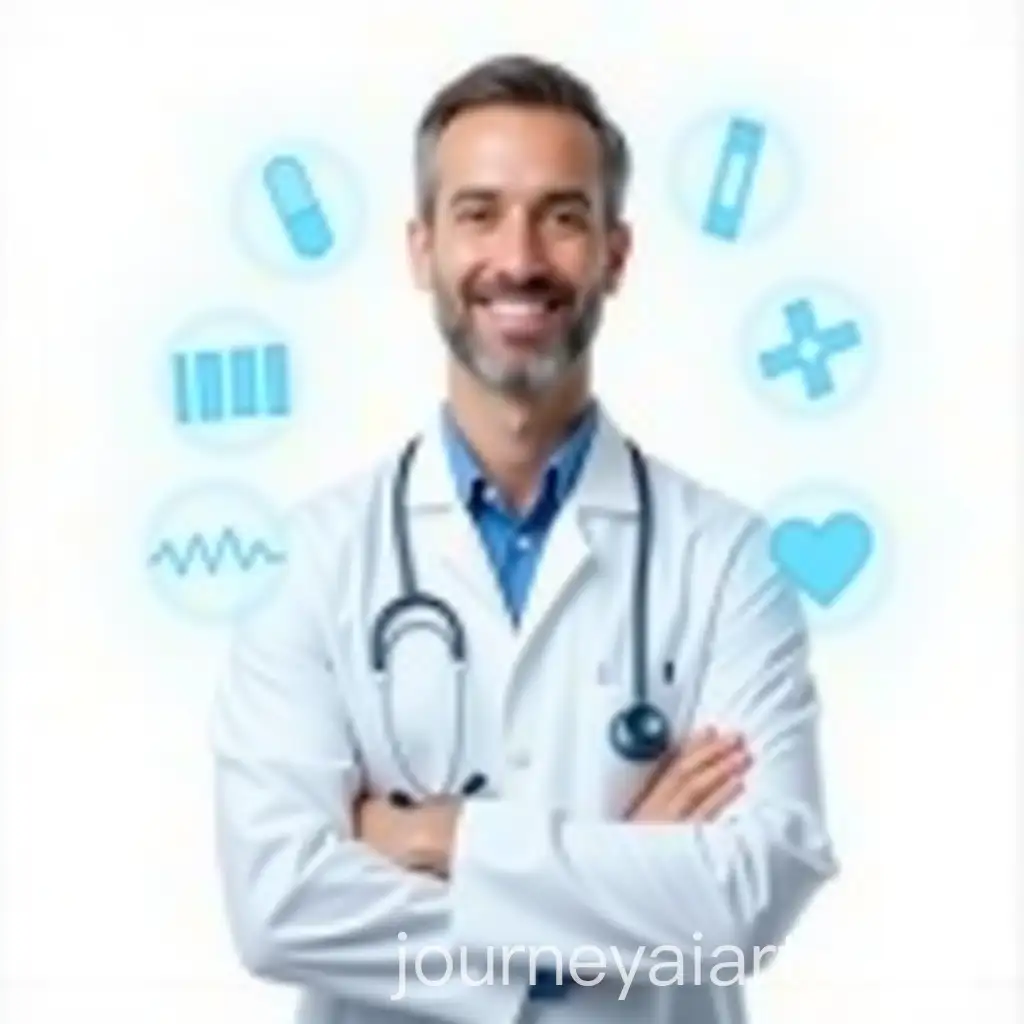 Smiling-Doctor-with-Stethoscope-Surrounded-by-Floating-Medical-Icons