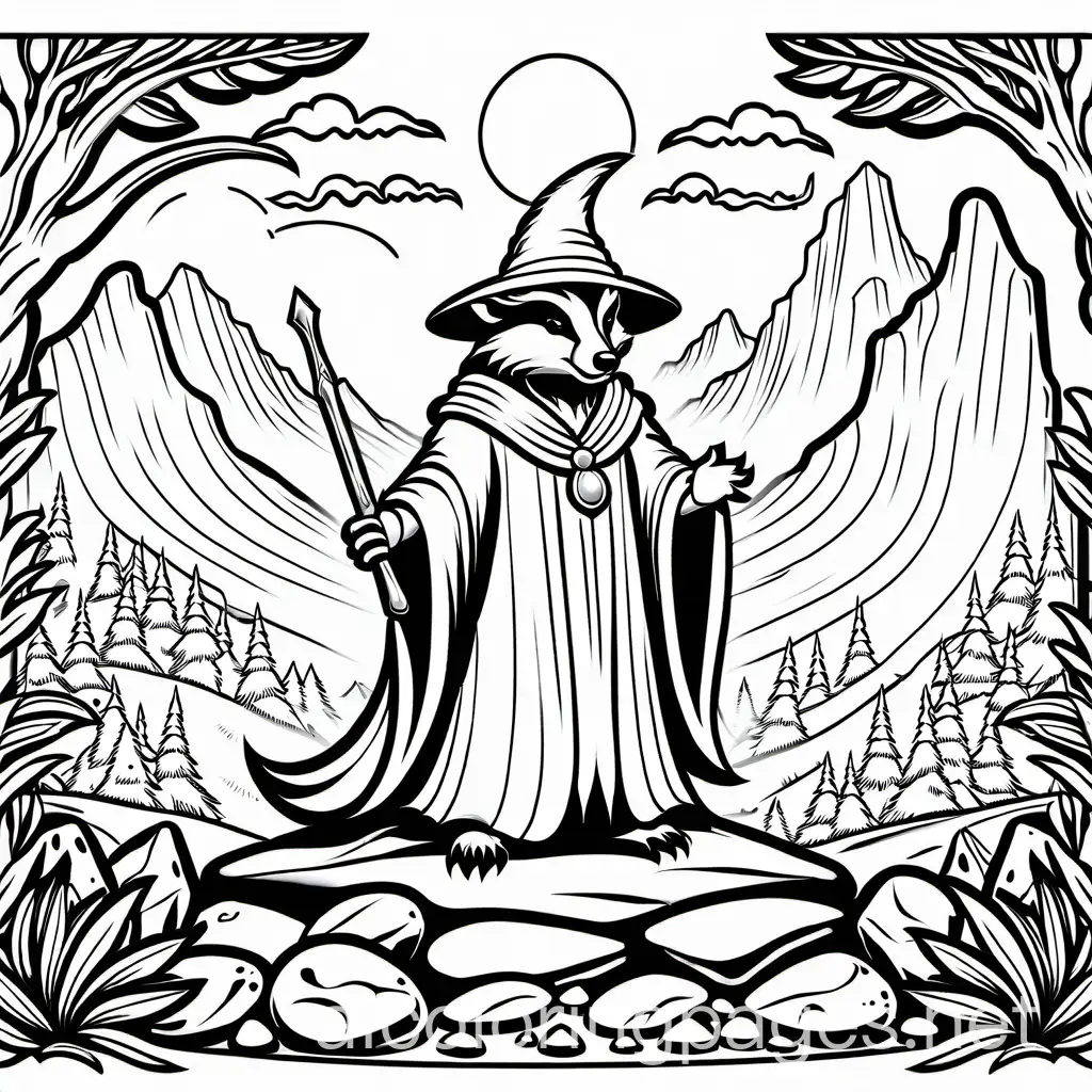 coloring page, badger wizard. There are big rocks and a dragon in the background , Coloring Page, black and white, line art, white background, Simplicity, Ample White Space. The background of the coloring page is plain white to make it easy for young children to color within the lines. The outlines of all the subjects are easy to distinguish, making it simple for kids to color without too much difficulty