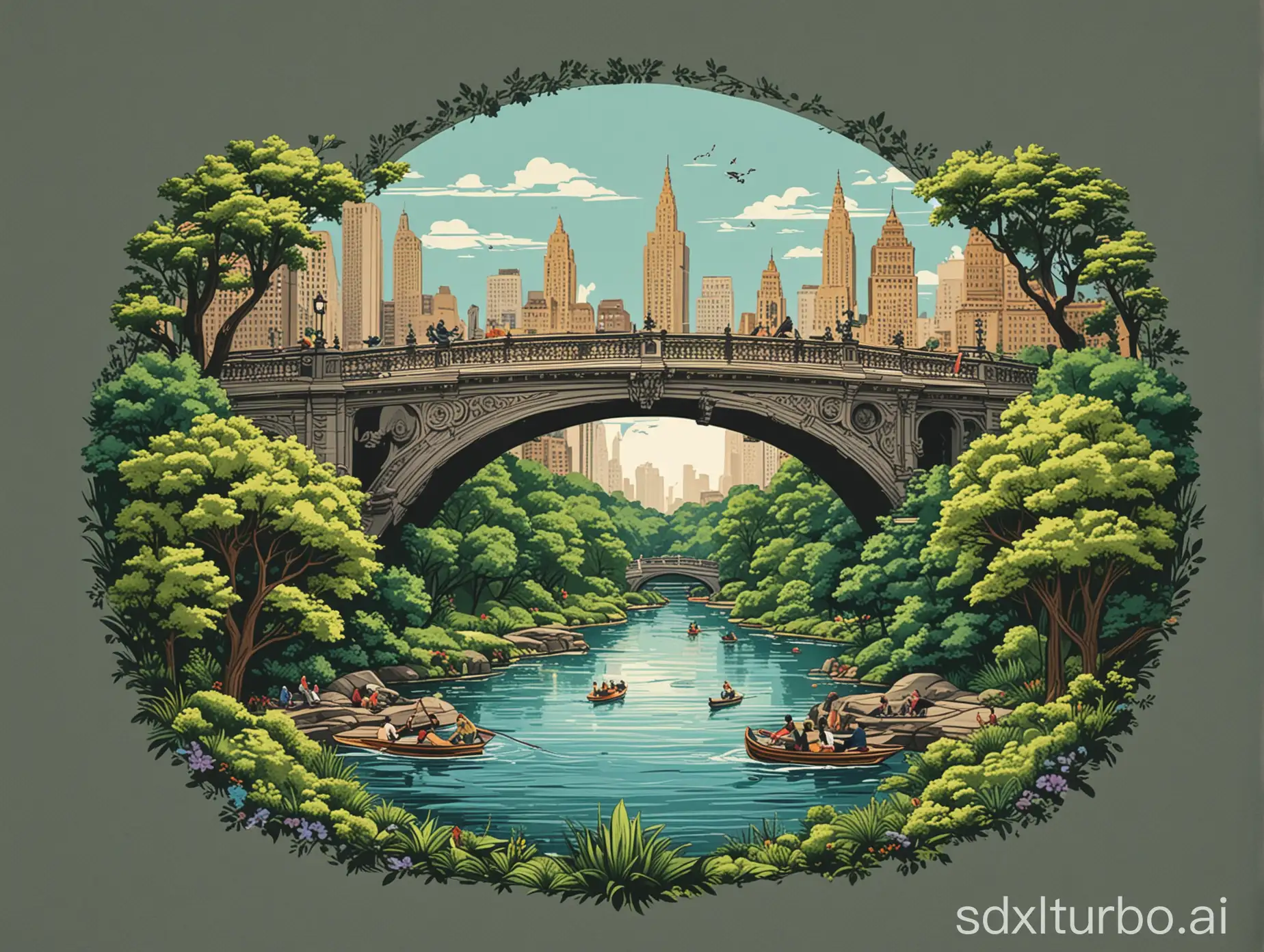 Create a vibrant and modern graphic T-shirt design of Central Park. The design should capture the lush greenery and iconic elements of the park, such as the Bow Bridge, Bethesda Fountain, and the tranquil lakes. Use a blend of bold colors and organic patterns to give it a contemporary, nature-inspired feel. The background should feature abstract representations of the New York City skyline, seamlessly blending the urban environment with the natural beauty of the park. Ensure the design is visually striking, with a balance of intricate details and clean lines, making it perfect for a stylish and trendy T-shirt that embodies the harmony between nature and city life.