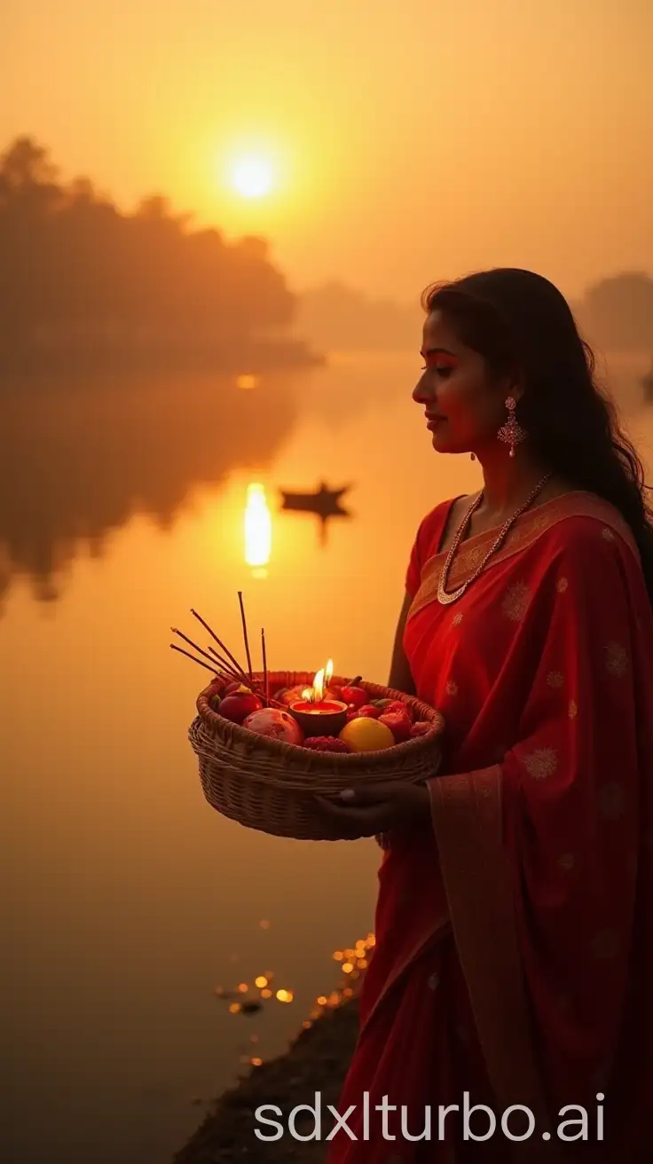 Woman-in-Traditional-Red-Sari-Performing-Chhath-Puja-by-River-at-Sunset