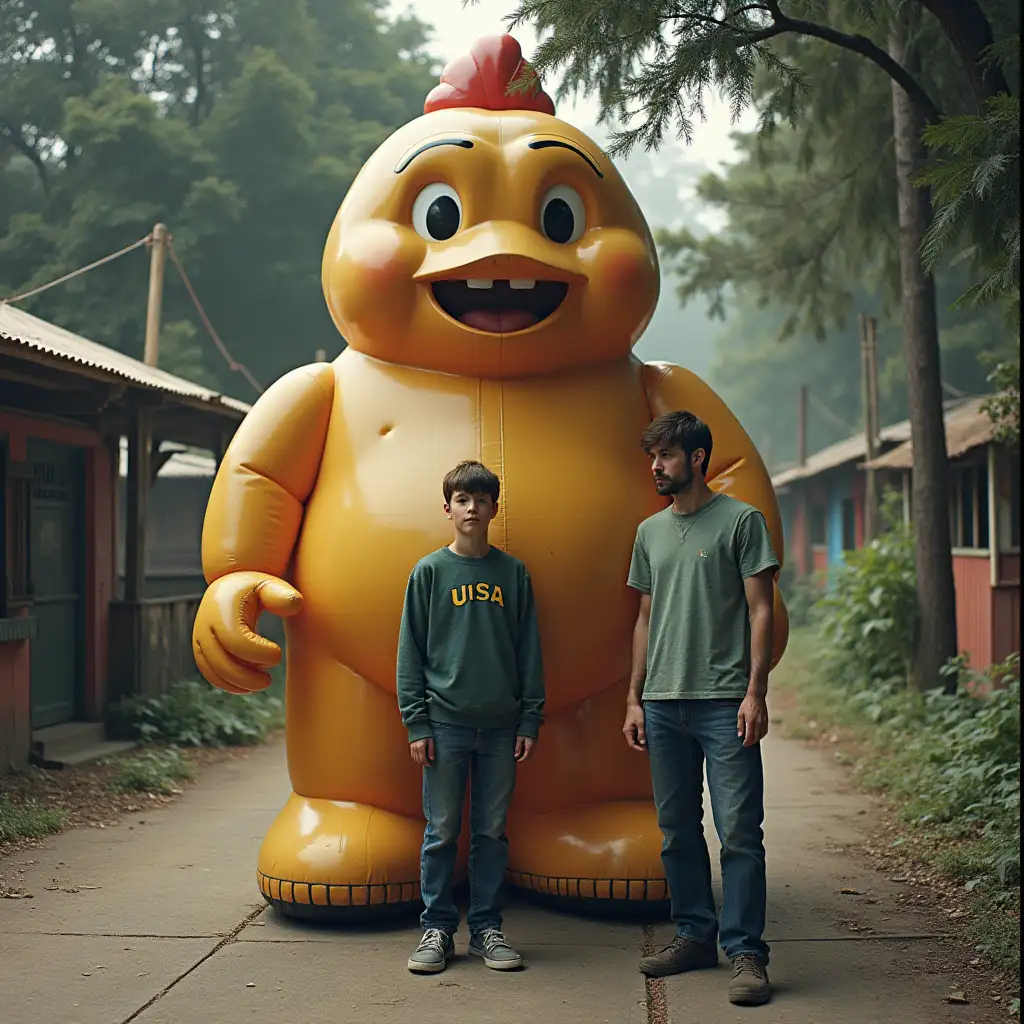 A photograph taken in an abandoned amusement park setting features two individuals standing side by side next to a large inflatable character...