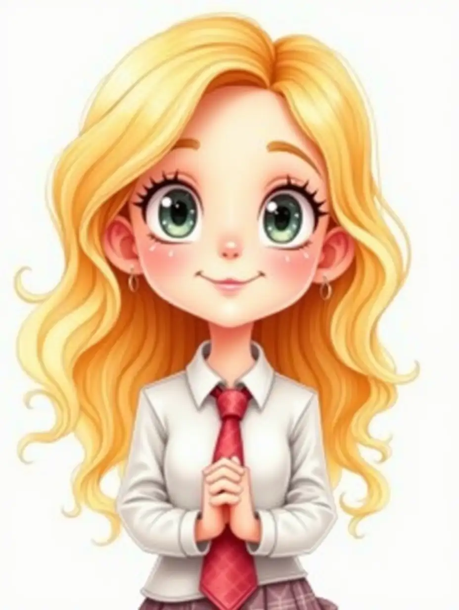 Cartoon style illustration of a cute European young girl with long wavy blonde hair and big expressive eyes. The girl poses with interlocked hands and is wearing a white shirt and red tie. The overall style is colourful and whimsical. Bright colours. Watercolour 3D.