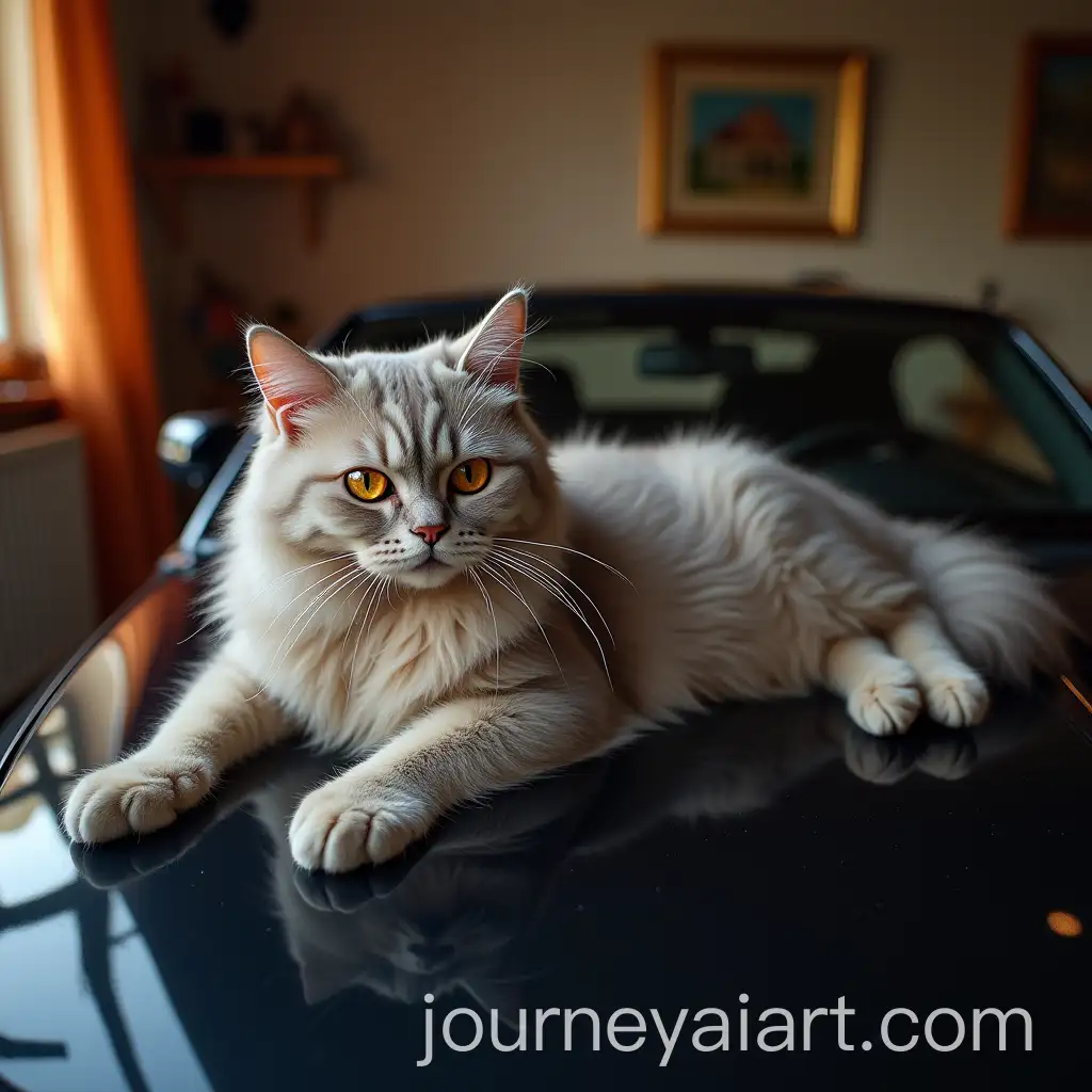 Metallic-Cat-Lounging-on-Car-Hood-in-Cozy-GarageLiving-Room-Fusion
