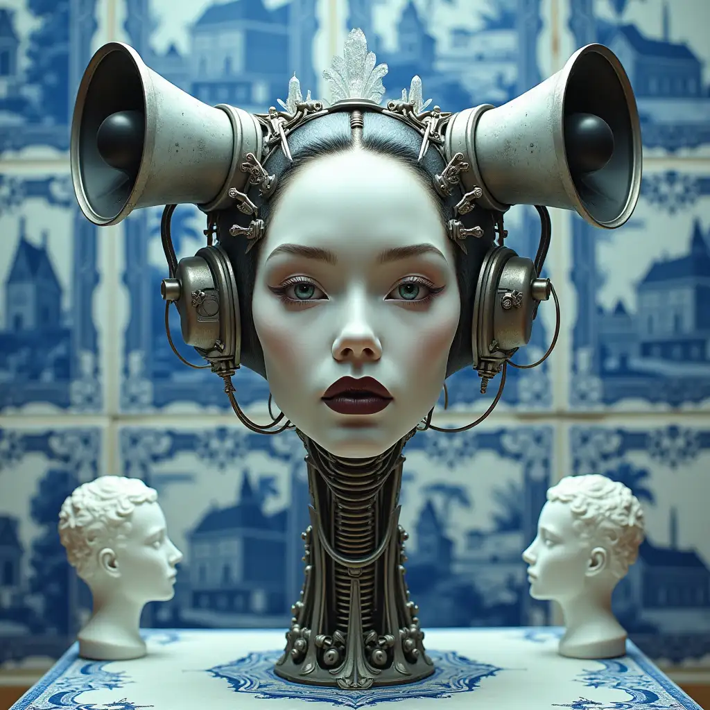 A surreal portrait of a futuristic woman with a crystal crown. Her face is highly detailed, with bold, dark lips, and piercing eyes. The headpiece is a fusion of steampunk and high-tech elements, featuring large speaker-like structures, metallic wires, and intricate mechanical components. She is mounted on a sleek, robotic base that resembles a museum bust. Surrounding her are two smaller, classical-style white marble busts, creating a contrast between old and new. The background is adorned with traditional Dutch Delftware blue-and-white tiles depicting historic houses and landscapes, adding an artistic and cultural touch. The lighting is soft and diffused, enhancing the cinematic and surreal atmosphere. The overall style is a fusion of cyberpunk, baroque, and futuristic art.