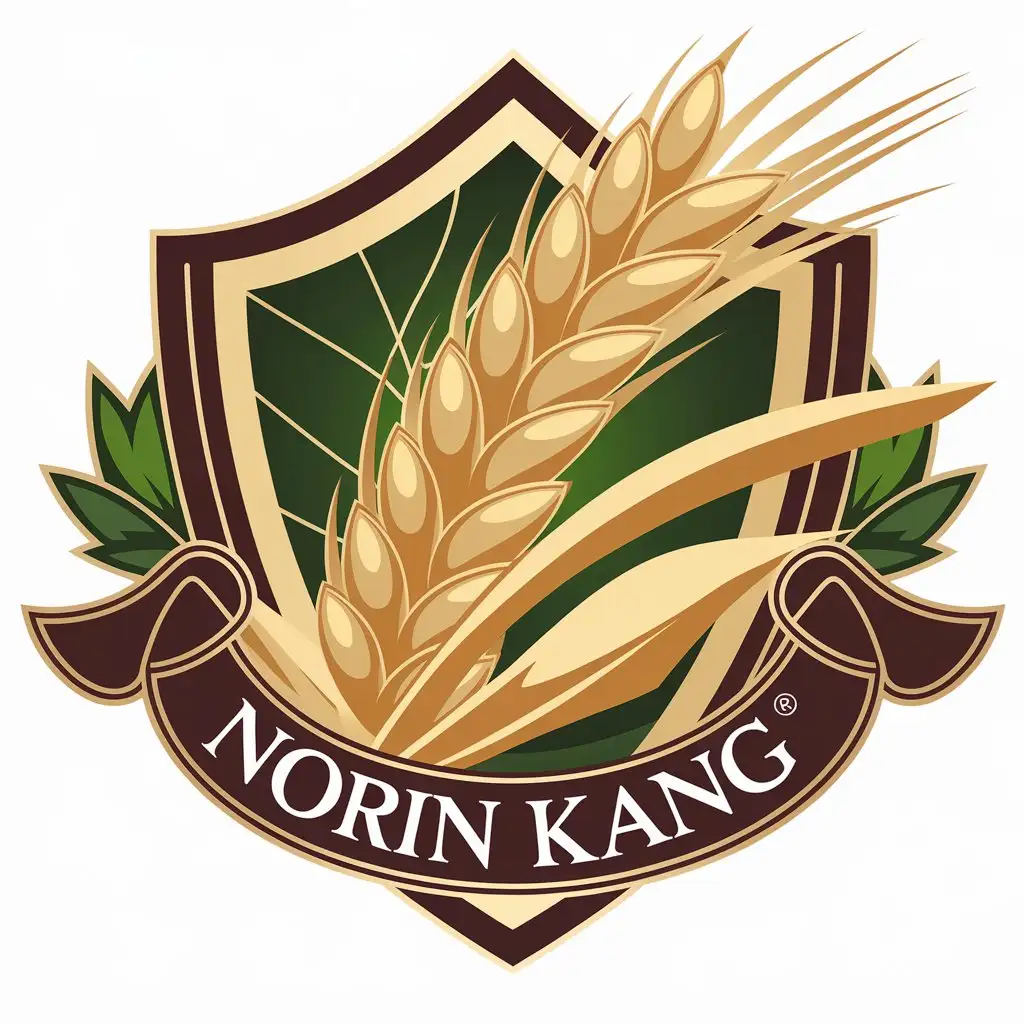 a vector logo design,with the text "Norin Kang", main symbol:Golden ears of grain, shield, leaves,complex,be used in health products industry,clear background