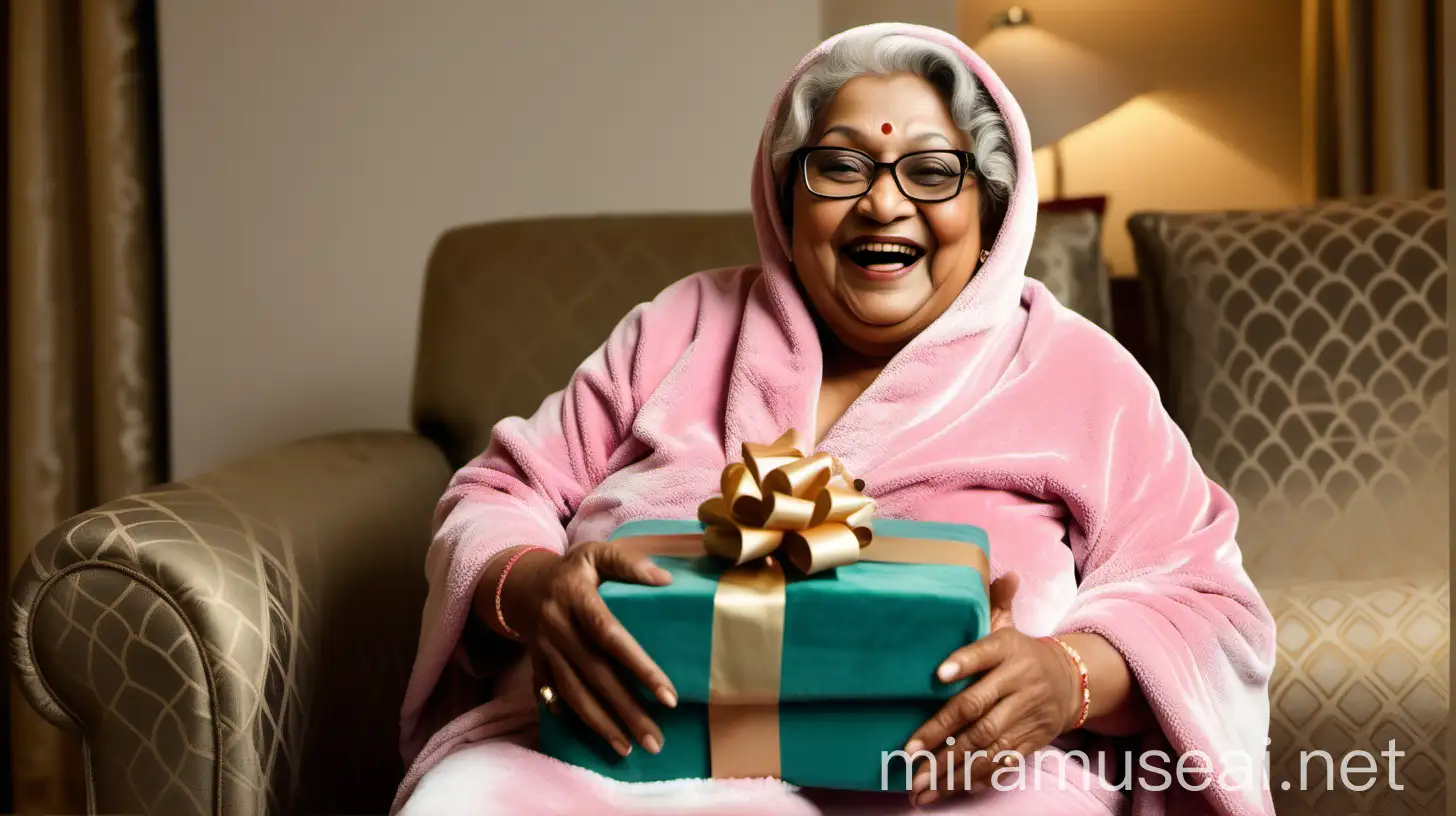 Joyful Bangladeshi Woman with Gift Box in Luxury Hotel