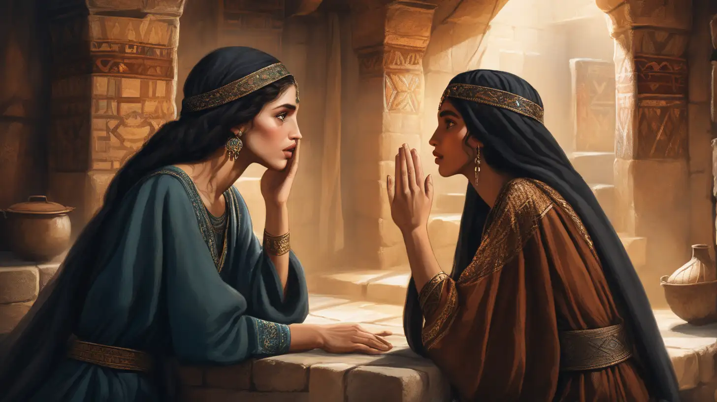 Beautiful Hebrew Women Whispering in Ancient Biblical Setting