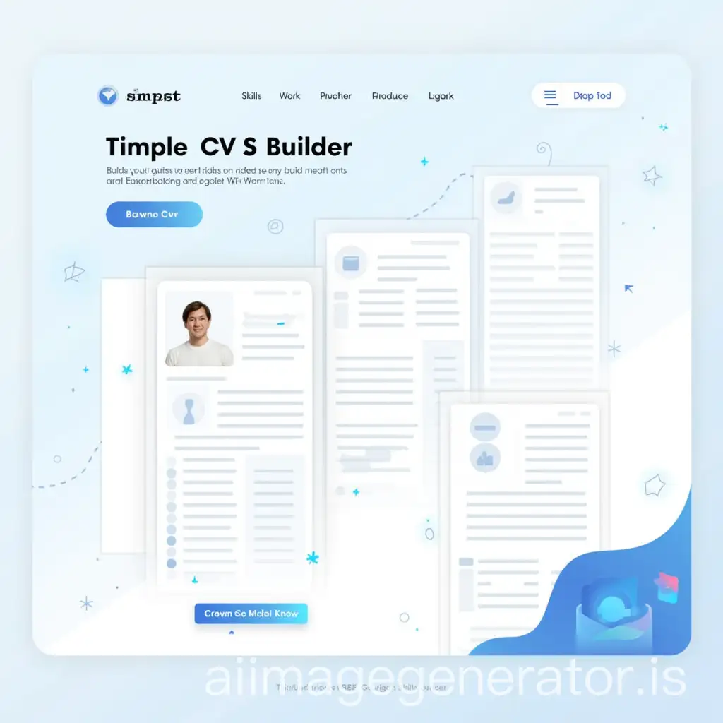 Create a sleek and modern web design interface showcasing a CV builder tool. The image should feature an elegant layout with sections for personal information, skills, and work experience. Include visually appealing elements like sample CV templates, a user-friendly navigation bar, and vibrant call-to-action buttons. The background should be minimalistic, emphasizing the functionality of the CV builder, with a color palette of soft blues and whites to convey professionalism.
