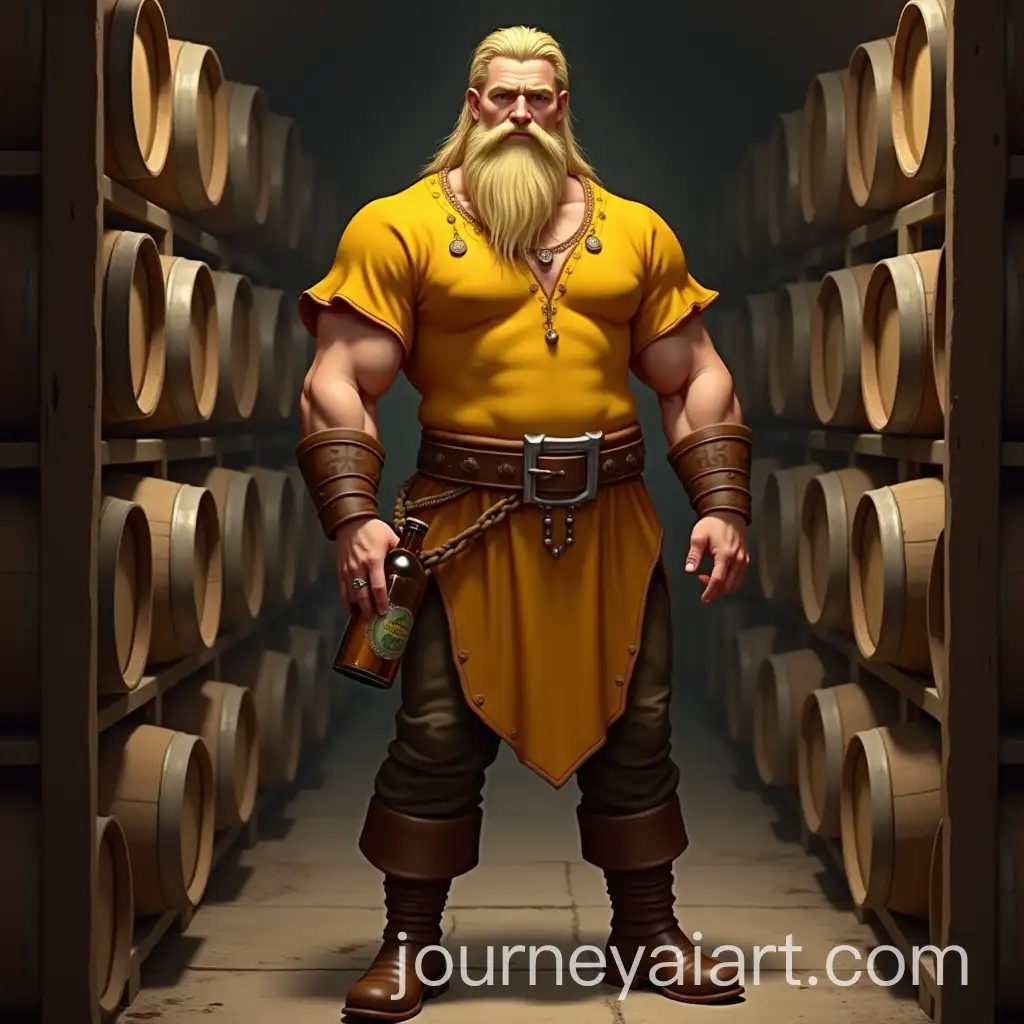 Tall-Muscular-Man-Holding-Mead-in-Cellar-Full-of-Barrels