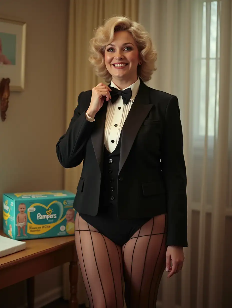 Smiling-Caucasian-Woman-in-Formal-Tuxedo-with-Changing-Table-in-Nursery