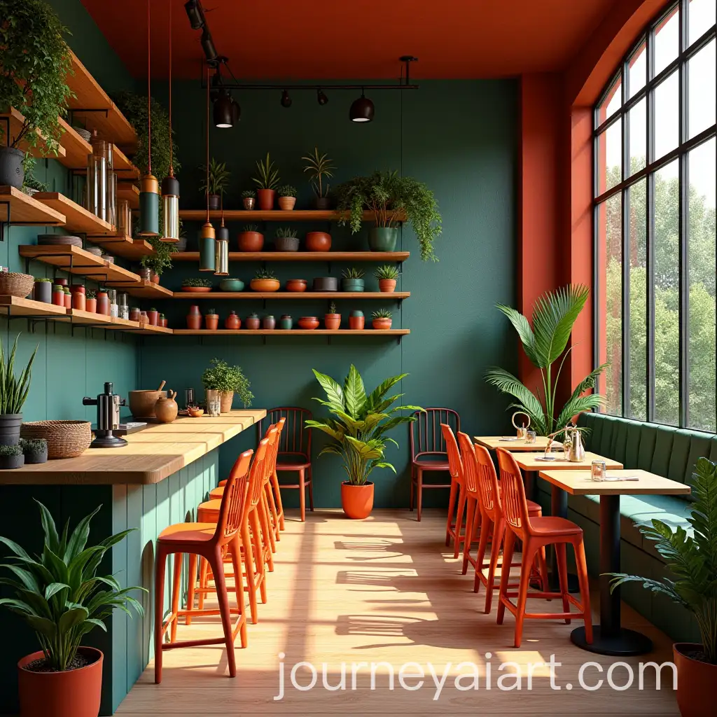 Modern-Cafe-Interior-with-Bold-Colors-and-Greenery-Design