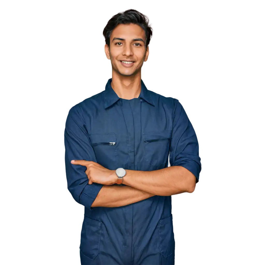 Create an image of a young Indian mechanic in his mid-20s, wearing a dark blue or grey mechanic uniform with a name tag. He should be holding a wrench in one hand and have a friendly, confident expression on his face. His skin tone should be medium brown, with short, well-kept hair and a clean face. The background should be plain or transparent, focusing entirely on the mechanic, with no abnormalities in his appearance or outfit.