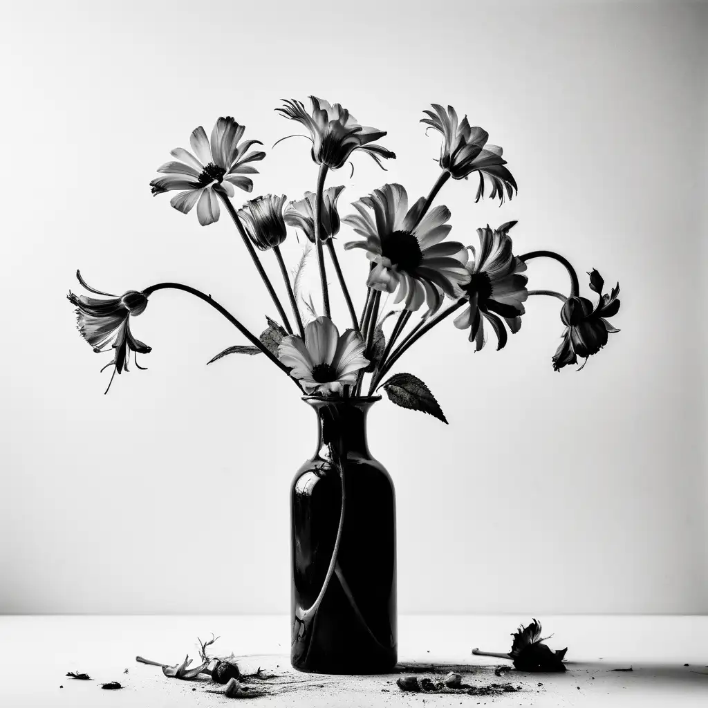 Monochromatic-Still-Life-of-Dead-Flowers-in-Vase-on-White-Background