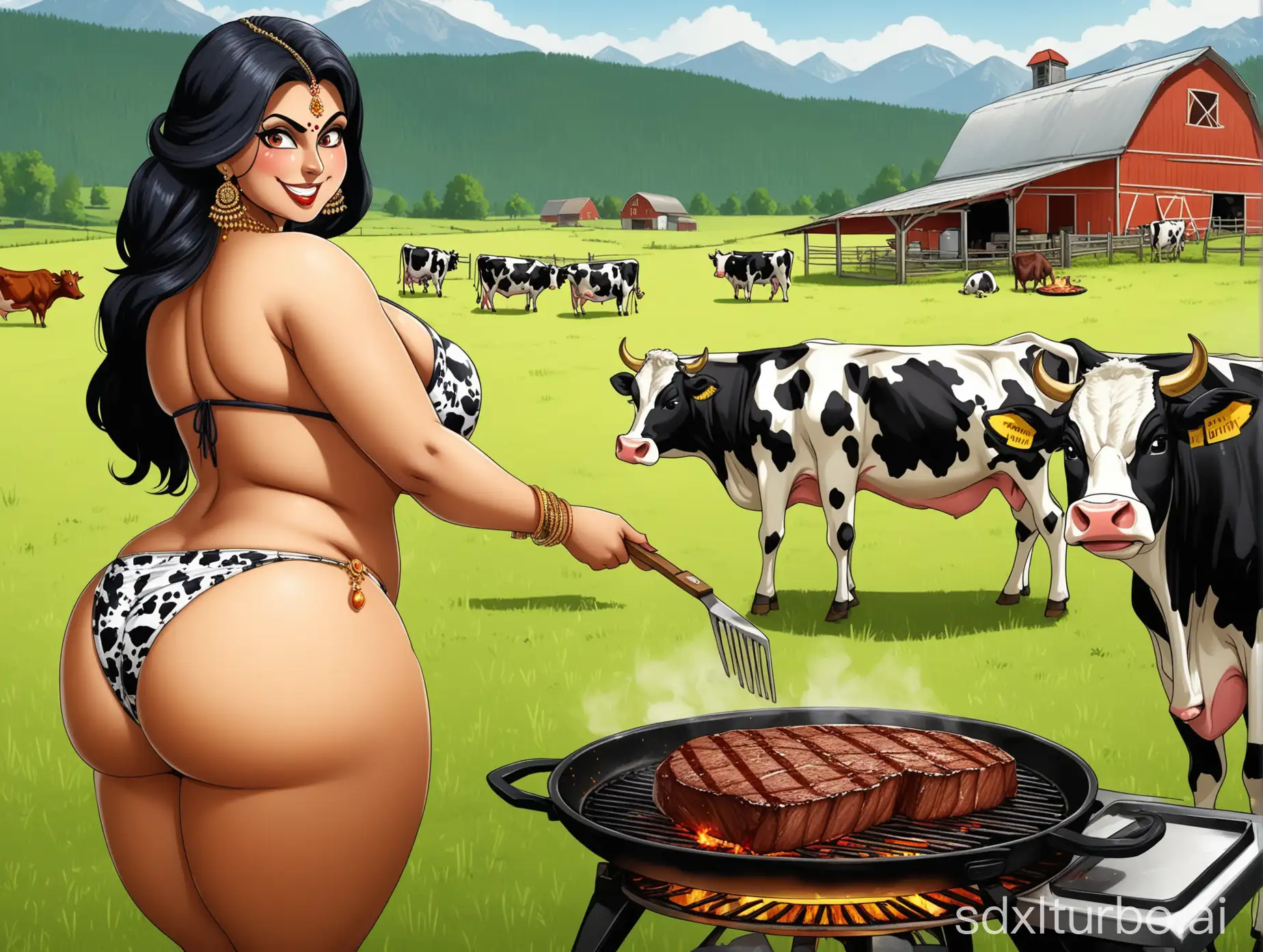 Rear-View-Indian-Woman-Cooking-Steak-on-Farm-with-Cows-Grazing