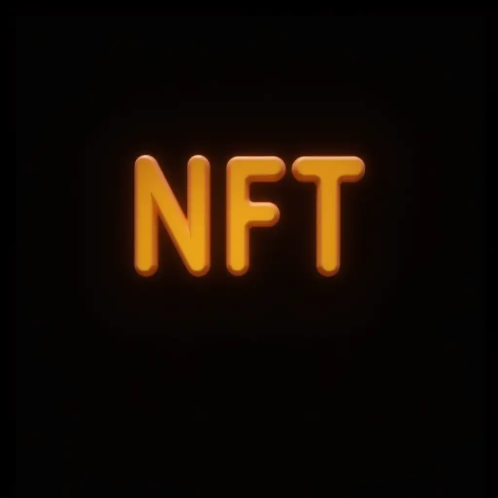 Background black, with 3D bulky letters in the center, square with rounded corners *NFT*, neon animation style, yellow-orange colors