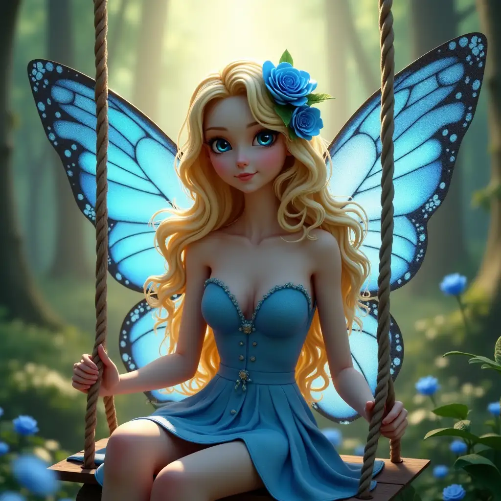 a very beautiful fairy with volumed blonde wavy hair and blue butterfly wings sitting on a wooden swing in the forest, there are blue roses in her hair and her eyes are blue, sky, where bright rays of sunlight seeps in through the trees, dream render, fantasy myth generator, 8k resolution, concept art, artgerm, WLOP, artstation unreal engine, volumetric beautiful lighting, geometric, stunning and inspiring imagery