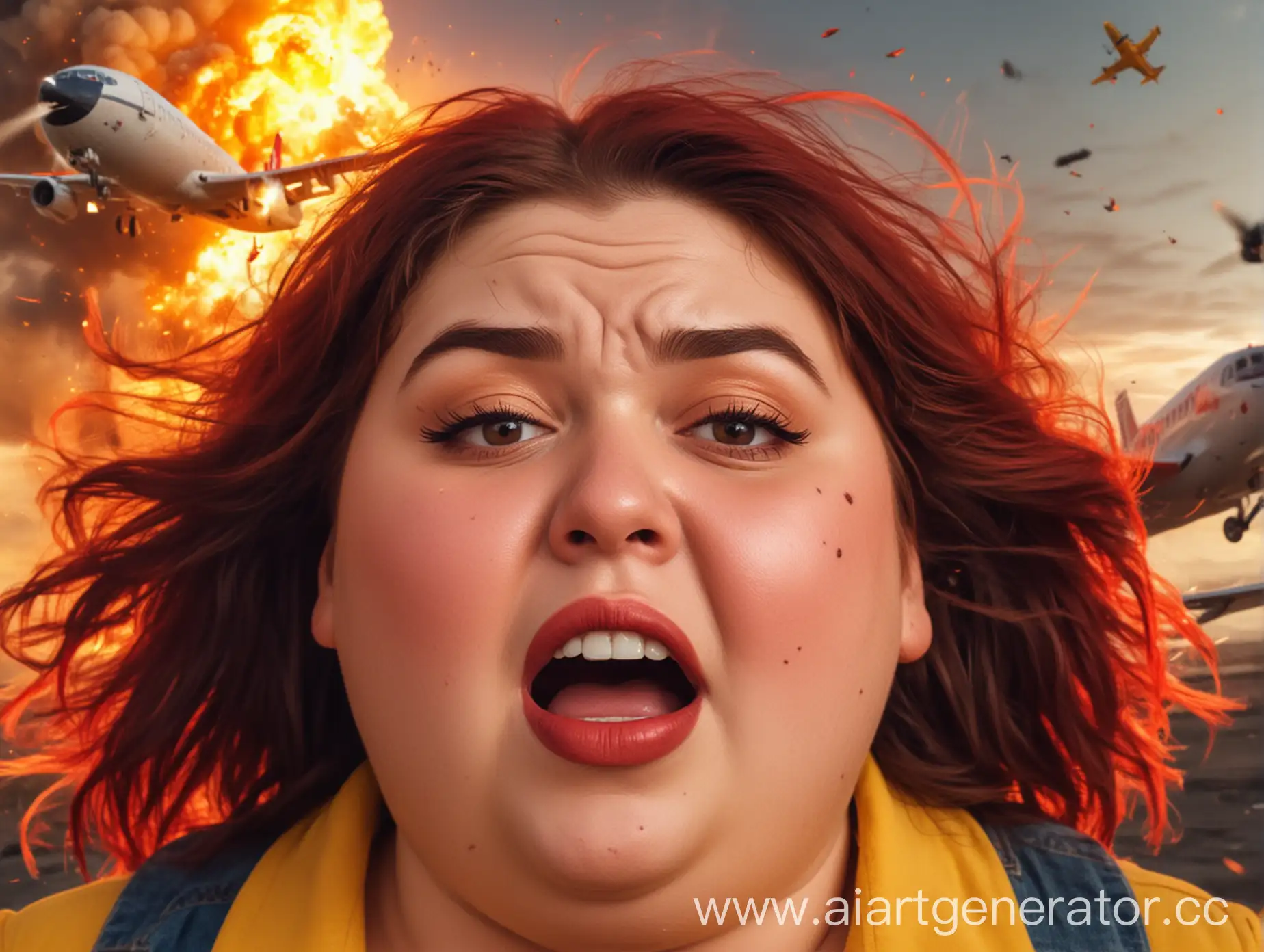 Chubby-Girl-Screaming-in-Wind-with-Exploding-Plane-Background