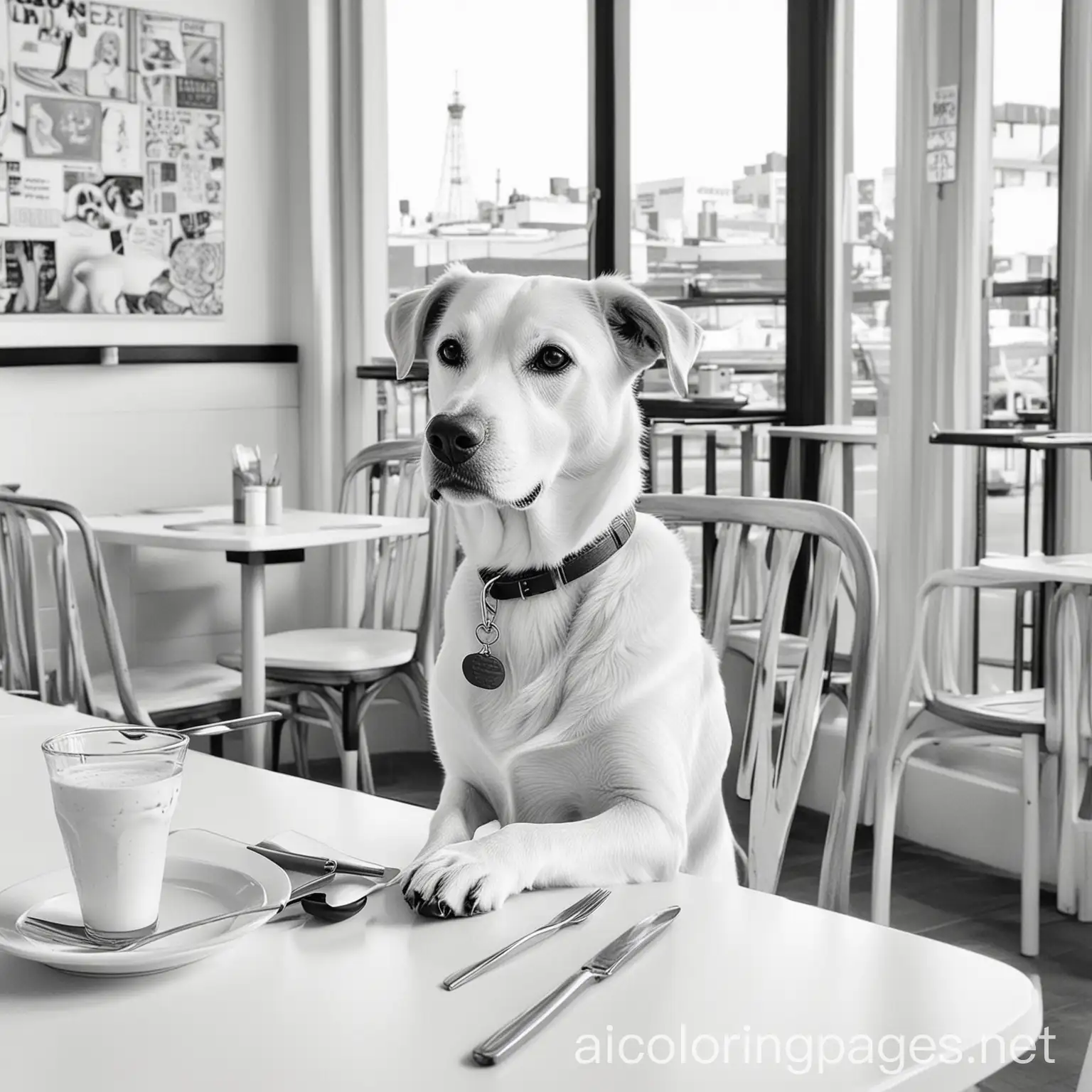 dog at restaurant, Coloring Page, black and white, line art, white background, Simplicity, Ample White Space