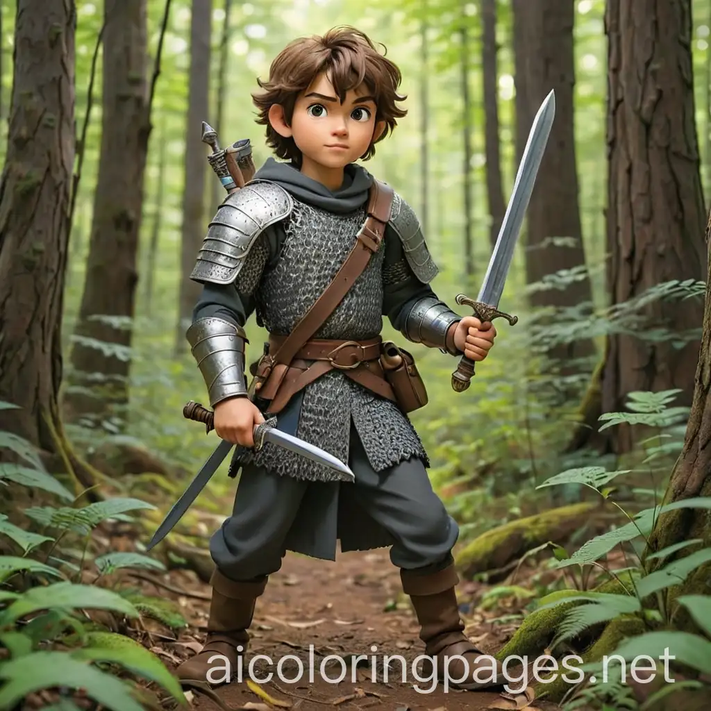 14YearOld-Boy-in-Chain-Mail-with-Sword-in-Forest-Setting-Coloring-Page