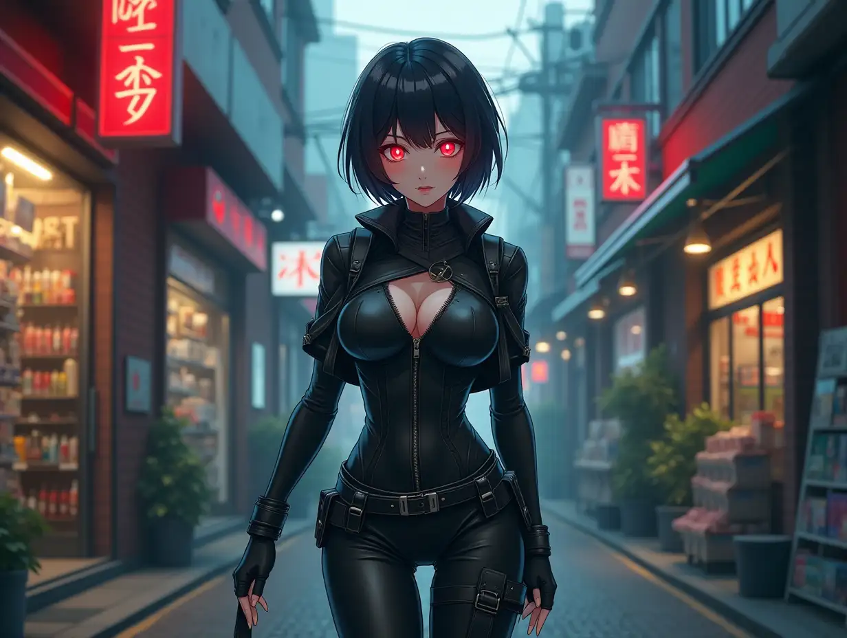 Short hair, mature Asian woman thief cyber runner in a dynamic full-length pose, eyes with red electronic pupils, large breast, extreme skintight body glove zipped down with cleavage, combat boots and combat belt. Full view of her body from boots up, low wide angle. Future store filled city alley street. Anime