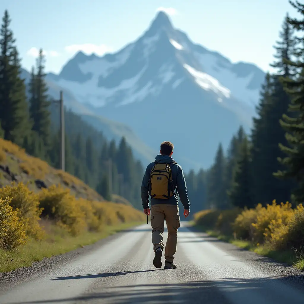 can you generate me a photo of a man walking as a hiker in a street toward mountains, the background should be a mountain