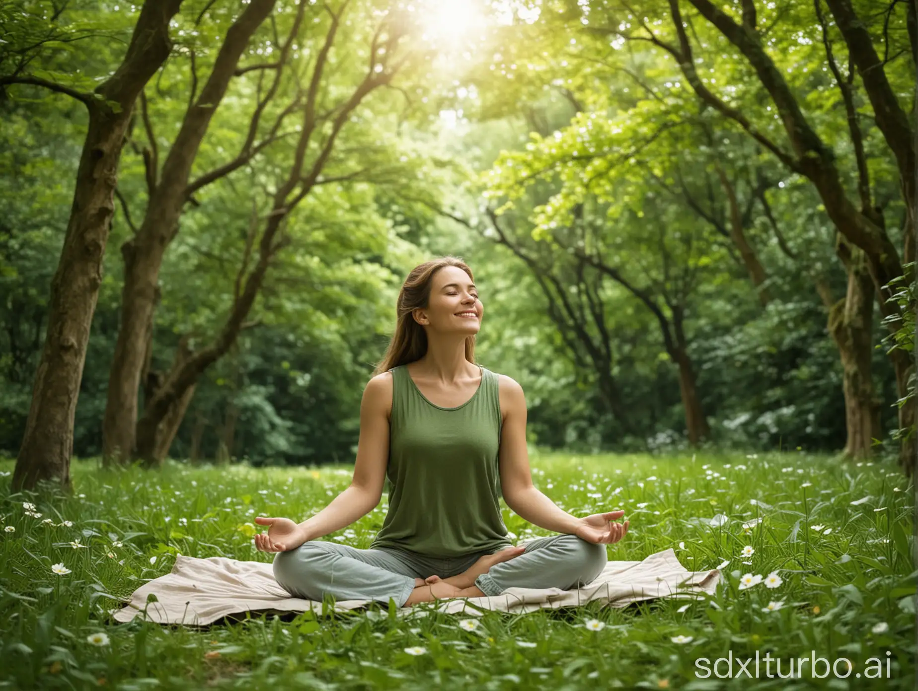 Woman-Meditating-Happily-in-Serene-Green-Environment