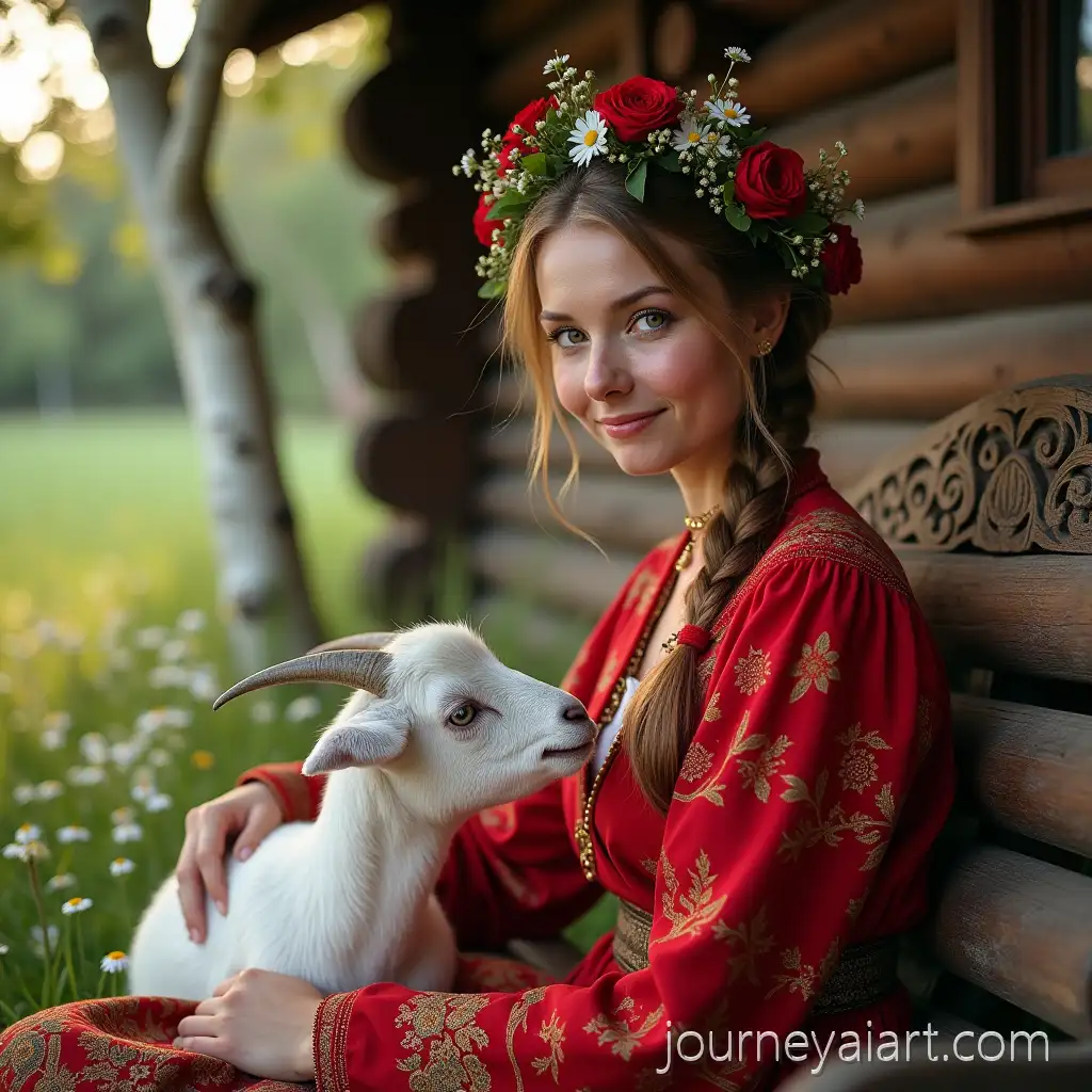 Slavic-Maiden-in-Traditional-Russian-Folk-Costume-with-Goat-in-Rustic-Village-Setting